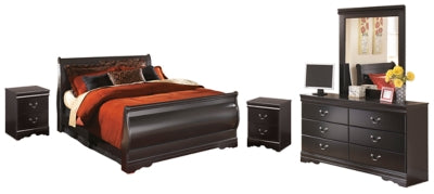 Huey Vineyard Black Queen Sleigh Bedroom Set with Mirrored Dresser and 2 Nightstands - Ornate Home