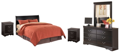 Huey Vineyard Black Queen Sleigh Headboard with Dresser, Mirror and 2 Nightstands (Online Special Price) - Ornate Home