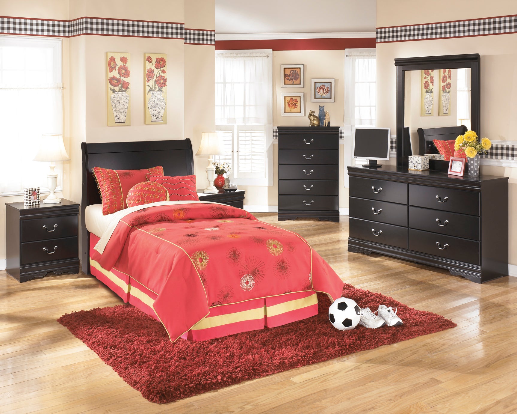 Huey Vineyard Black Twin Sleigh Bedroom Set with Dresser, Mirror, Chest and Nightstand - Ornate Home