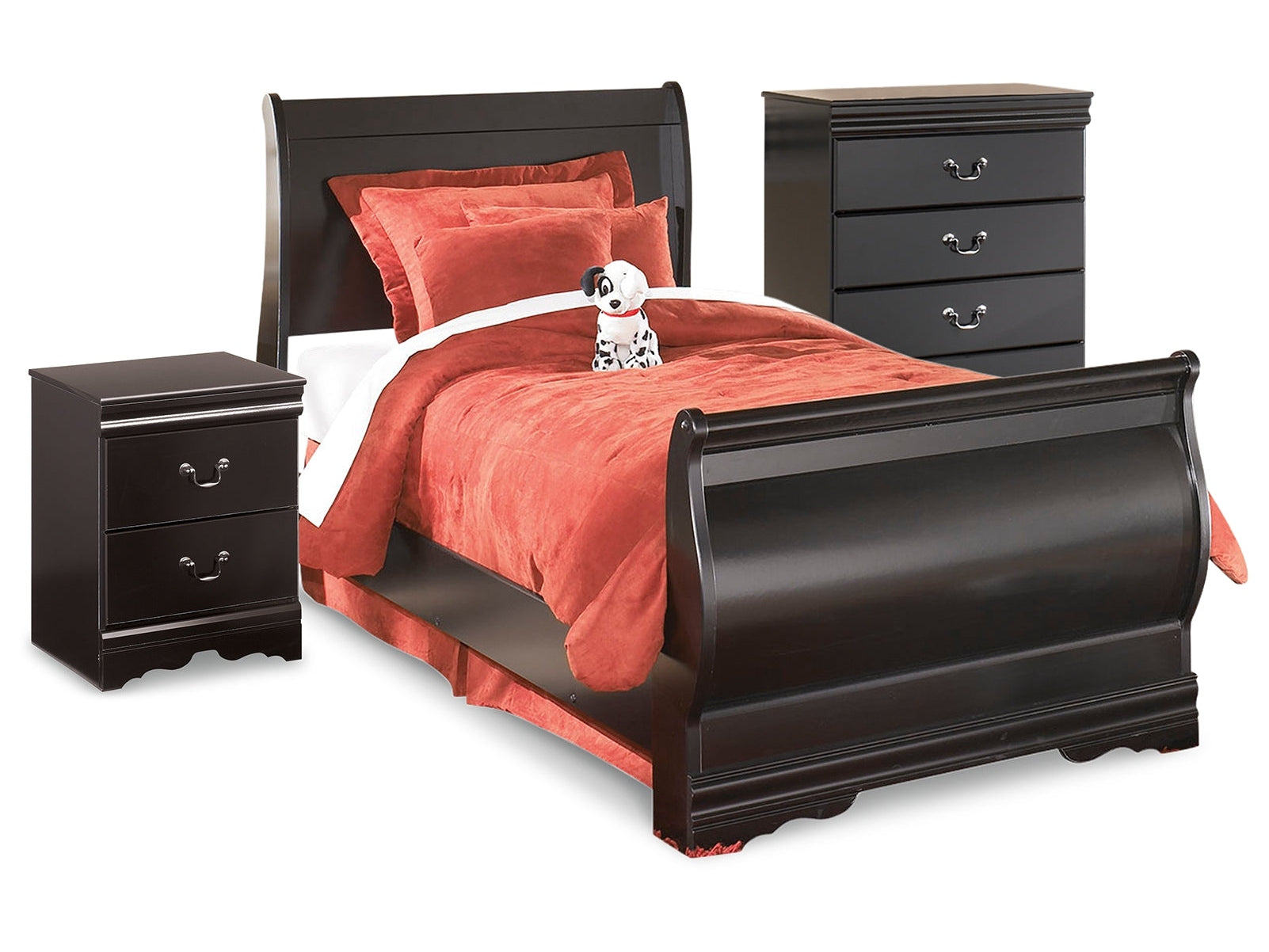 Huey Vineyard Black Twin Sleigh Bedroom Set with Chest of Drawers and Nightstand (Online Special Price) - Ornate Home