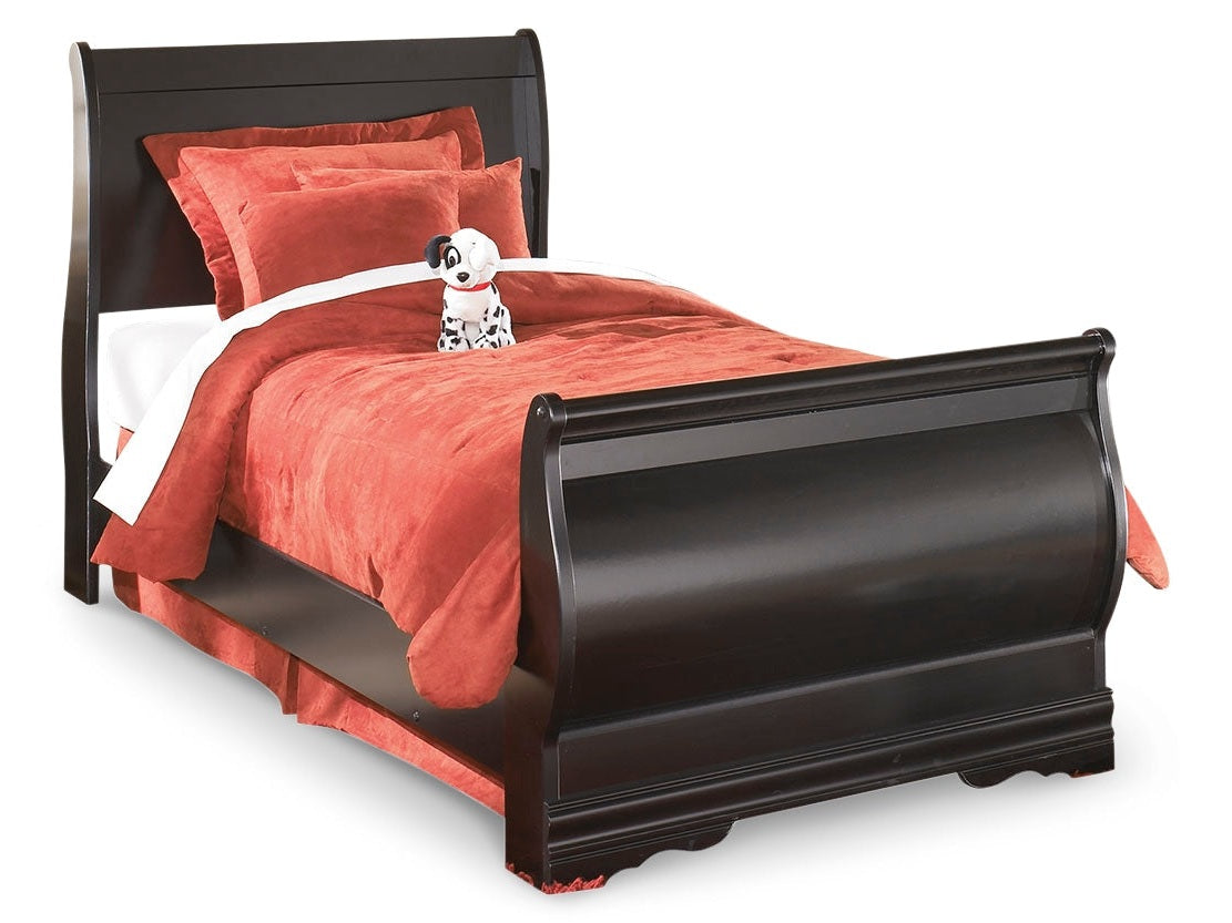 Huey Vineyard Black Twin Sleigh Bedroom Set with Mirrored Dresser and Nightstand - Ornate Home