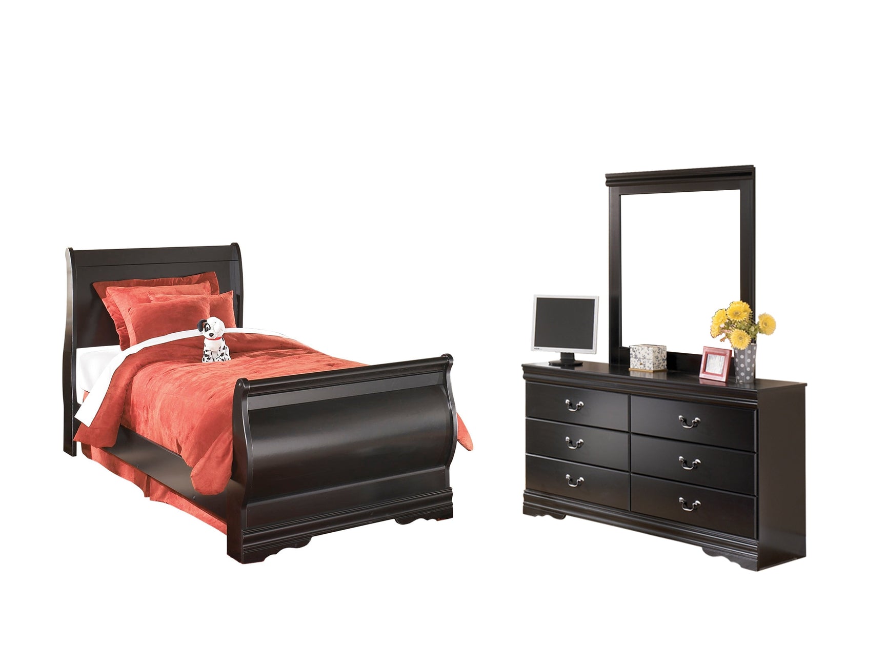 Huey Vineyard Black Twin Sleigh Bedroom Set with Mirrored Dresser and Nightstand - Ornate Home
