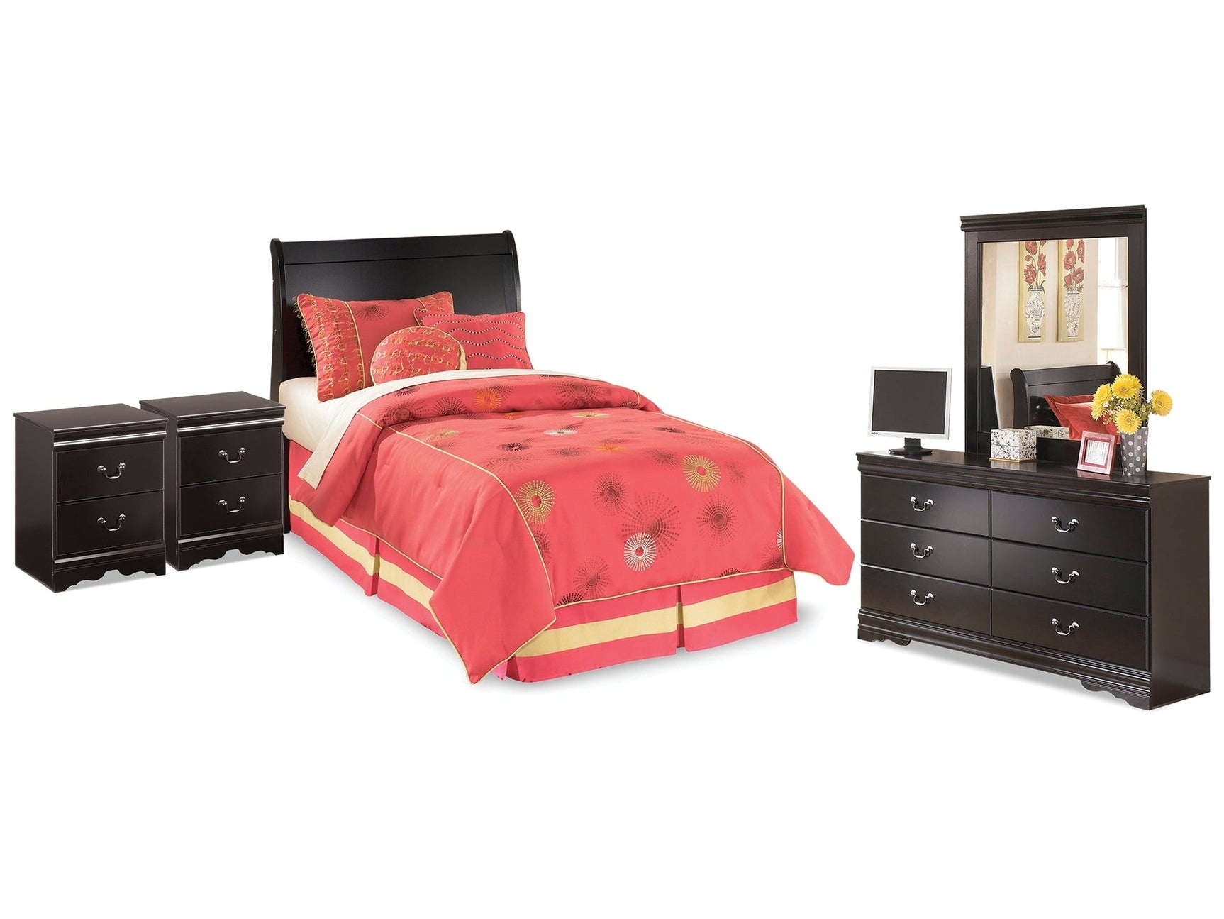 Huey Vineyard Twin Sleigh Headboard & Dresser & Mirror & 2 Nightstands (Online Special Price) - Ornate Home