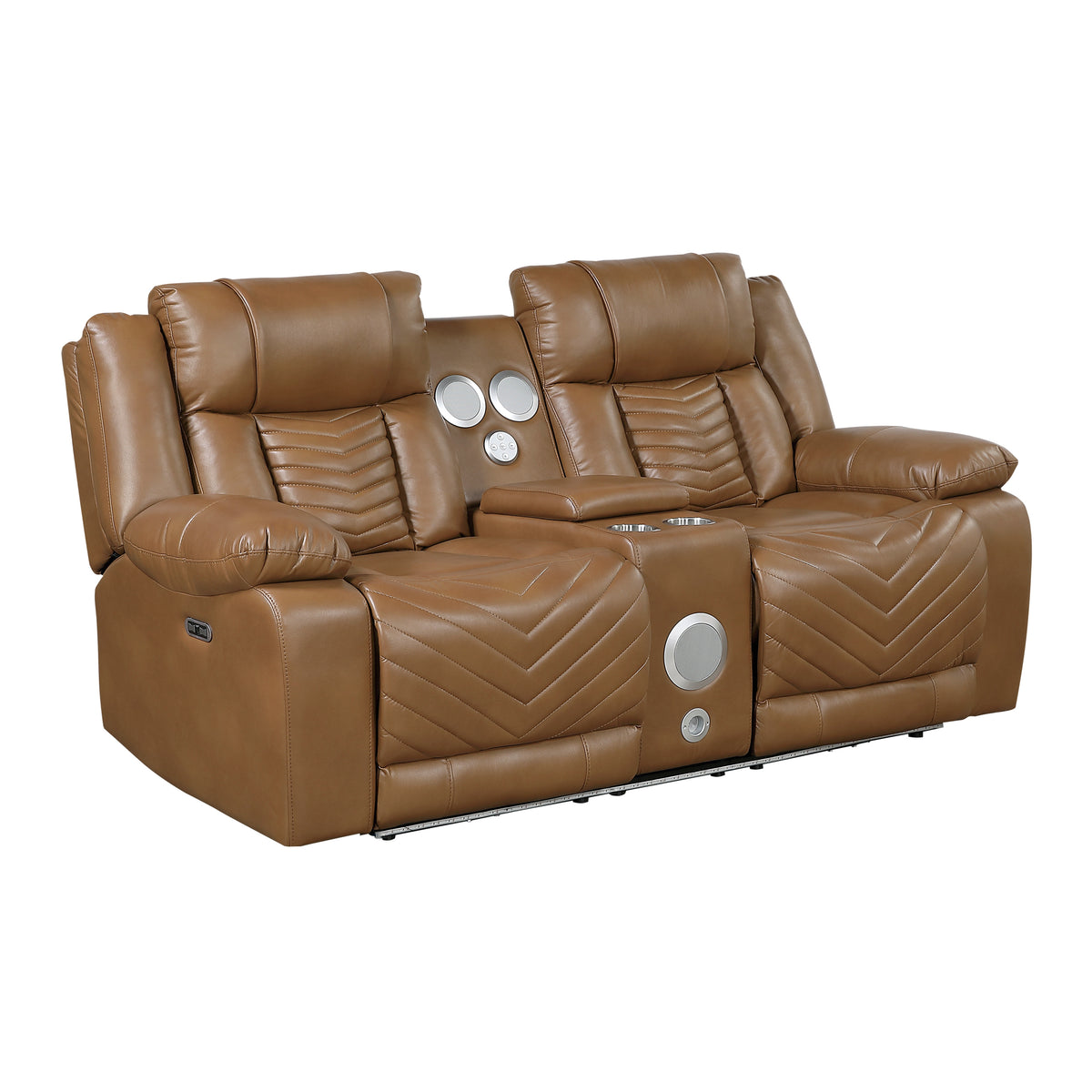 Huron Brown Power Double Reclining Loveseat With Center Console Wireless Speakers Led And Charging Ports - Ornate Home