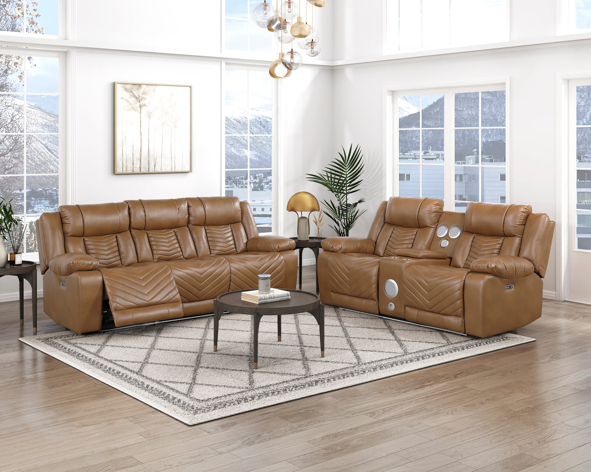 Huron Brown Power Double Reclining Loveseat With Center Console Wireless Speakers Led And Charging Ports - Ornate Home