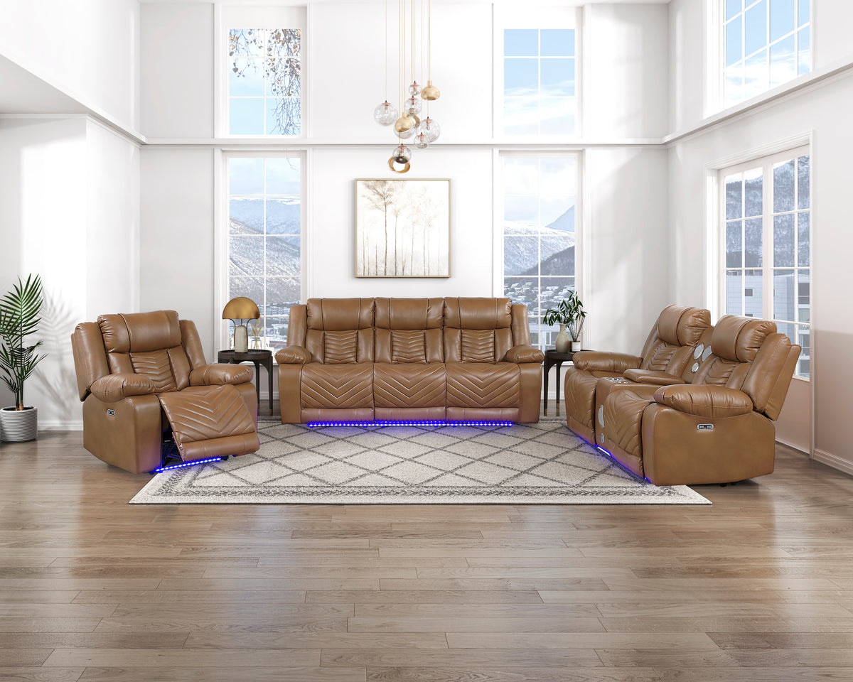 Huron Brown Power Double Reclining Loveseat With Center Console Wireless Speakers Led And Charging Ports - Ornate Home