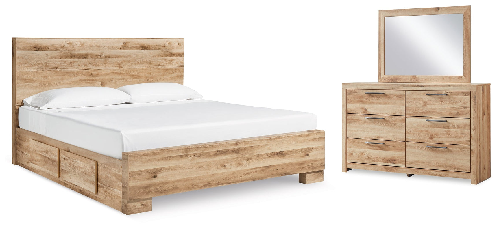 Hyanna Tan Brown King Panel Bedroom Set with 2 Side Storage, Dresser and Mirror (Online Special Price) - Ornate Home