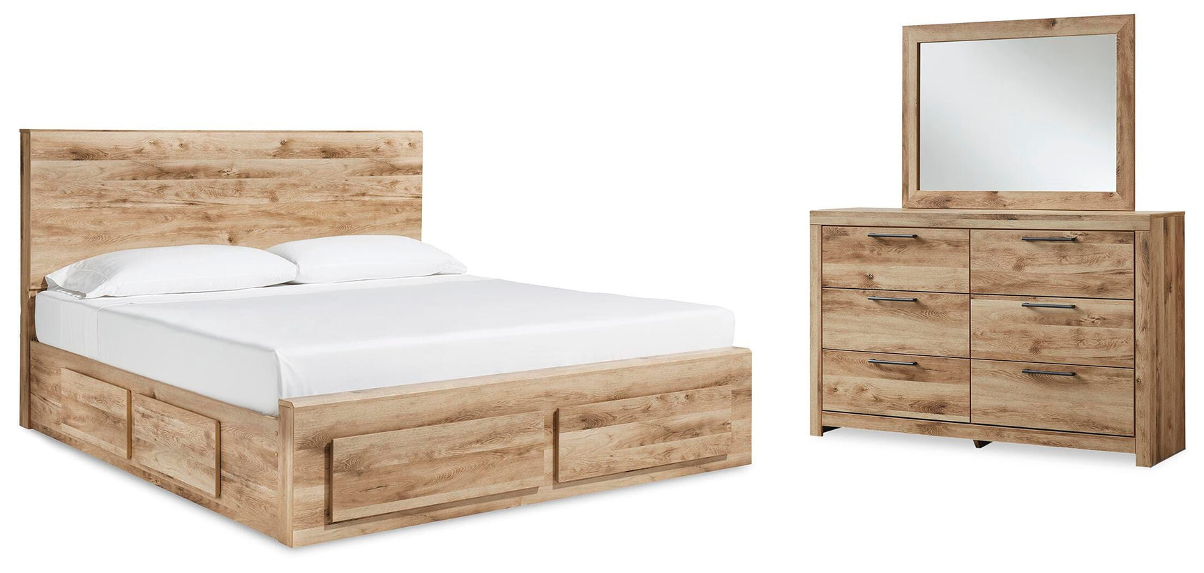 Hyanna Tan Brown Queen Panel Storage Bed w/ Side & Fb Storage, Dresser and Mirror - Ornate Home
