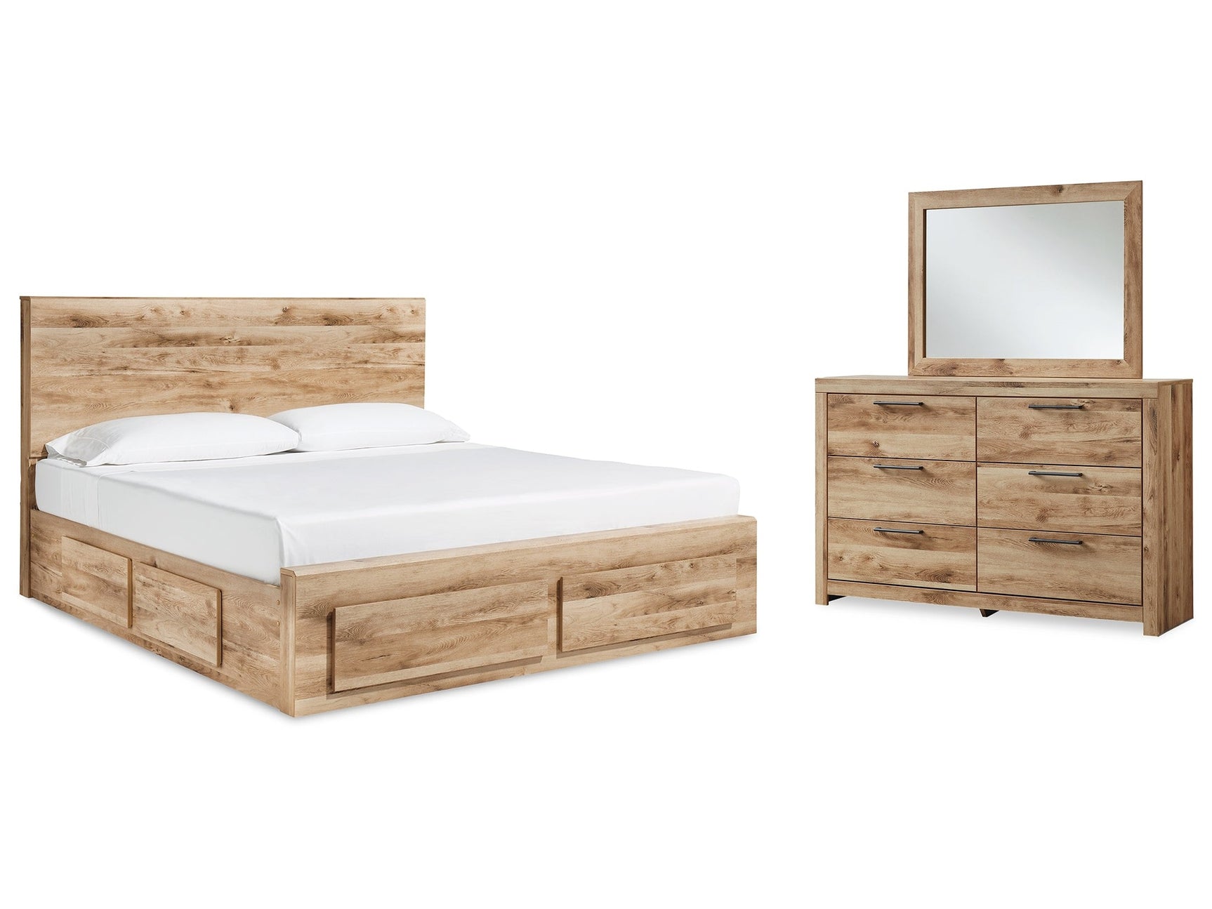Hyanna Tan Brown King Panel Storage Bedroom Set with 1 Side Storage, Dresser and Mirror - Ornate Home