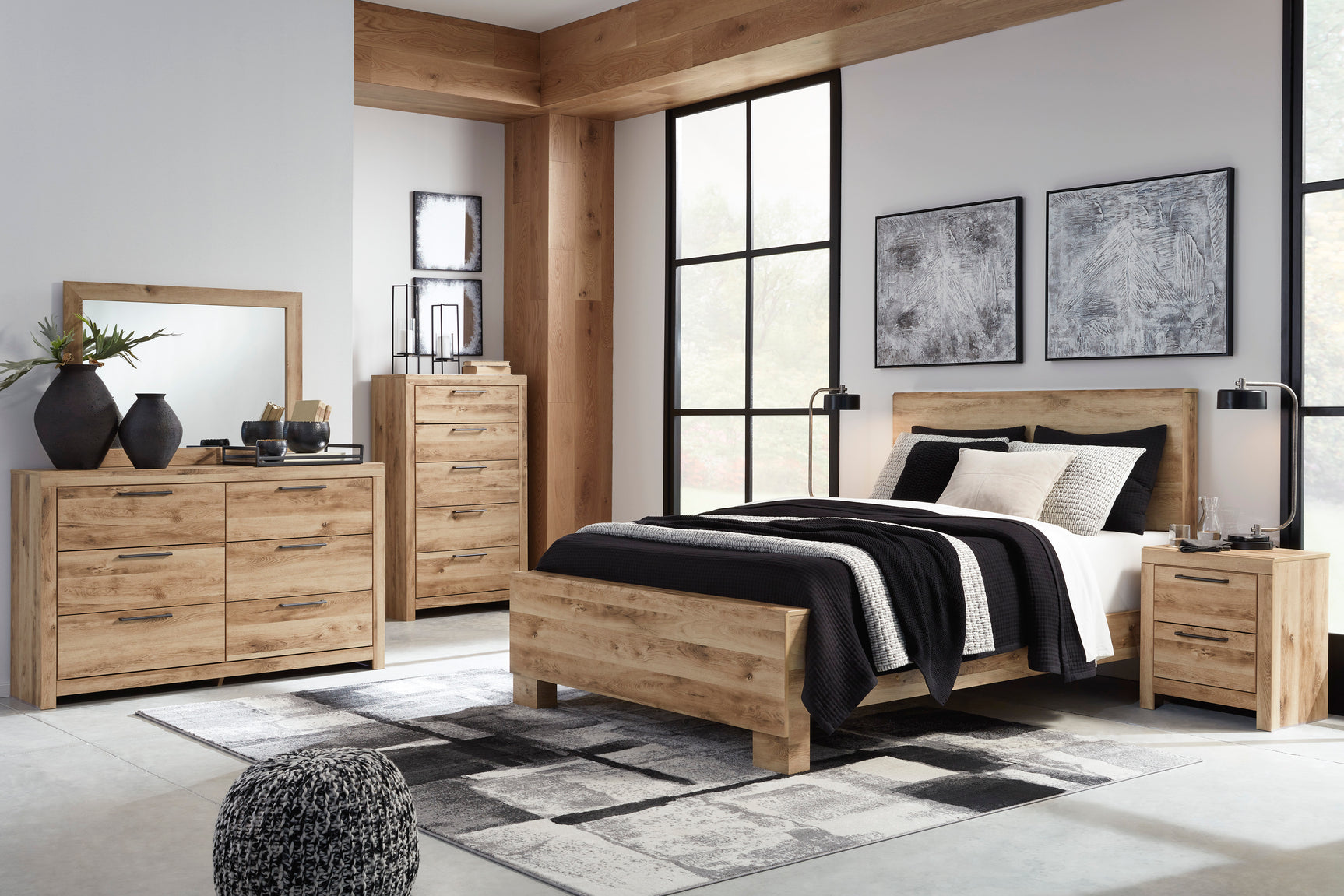 Hyanna Tan Brown Queen Panel Bedroom Set with Dresser, Mirror and 2 Nightstands - Ornate Home