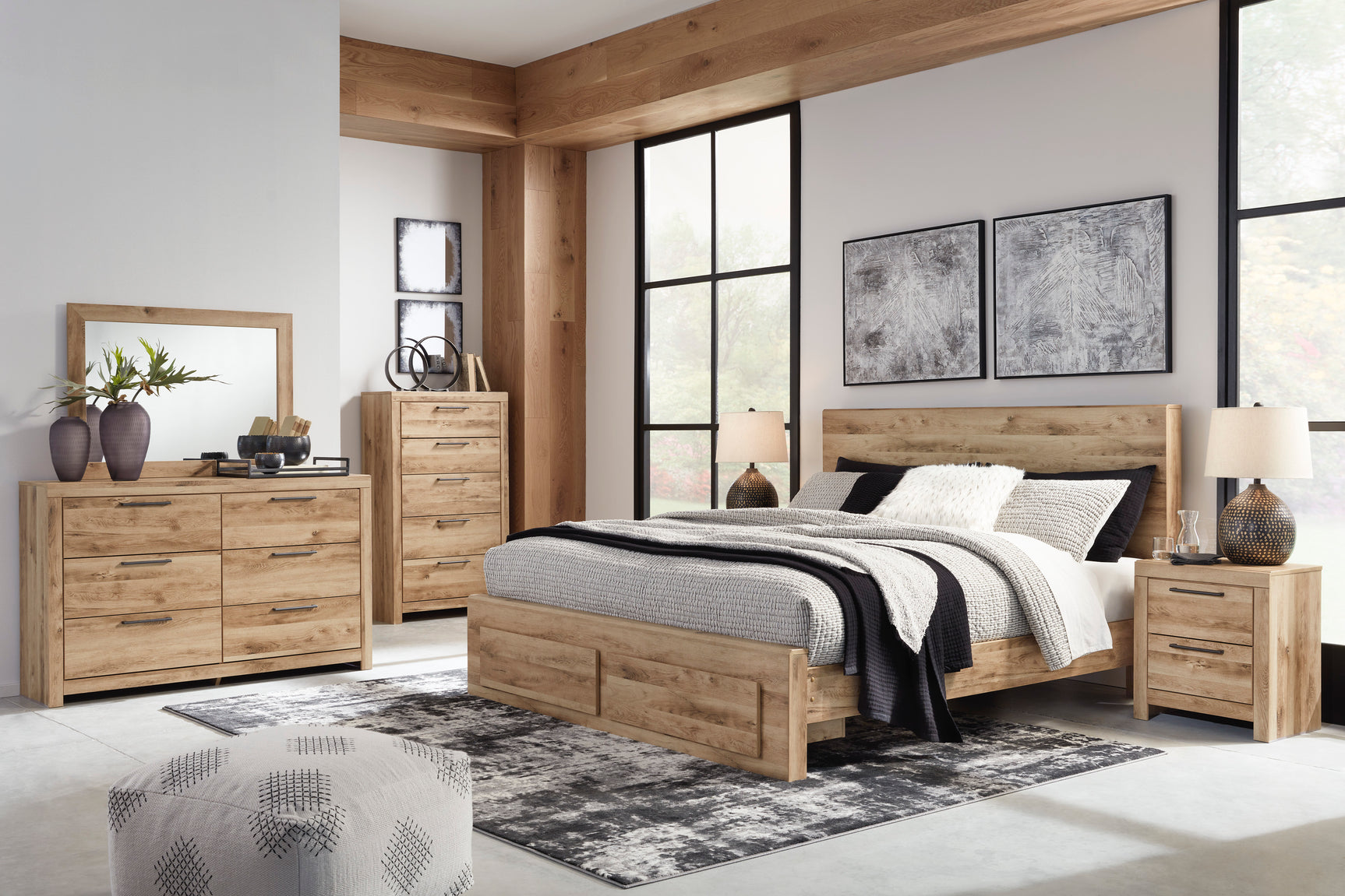 Hyanna Tan Brown Queen Panel Storage Bed w/ Fb Storage, Dresser, Mirror and 2 Nightstands - Ornate Home