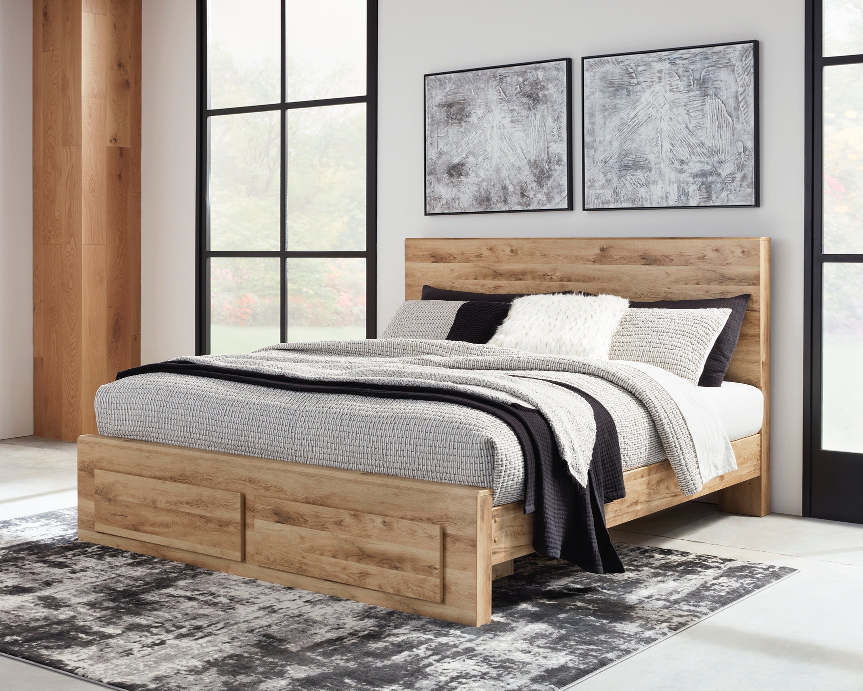 Hyanna Tan Brown Queen Panel Storage Bed w/ Fb Storage, Dresser, Mirror and 2 Nightstands - Ornate Home