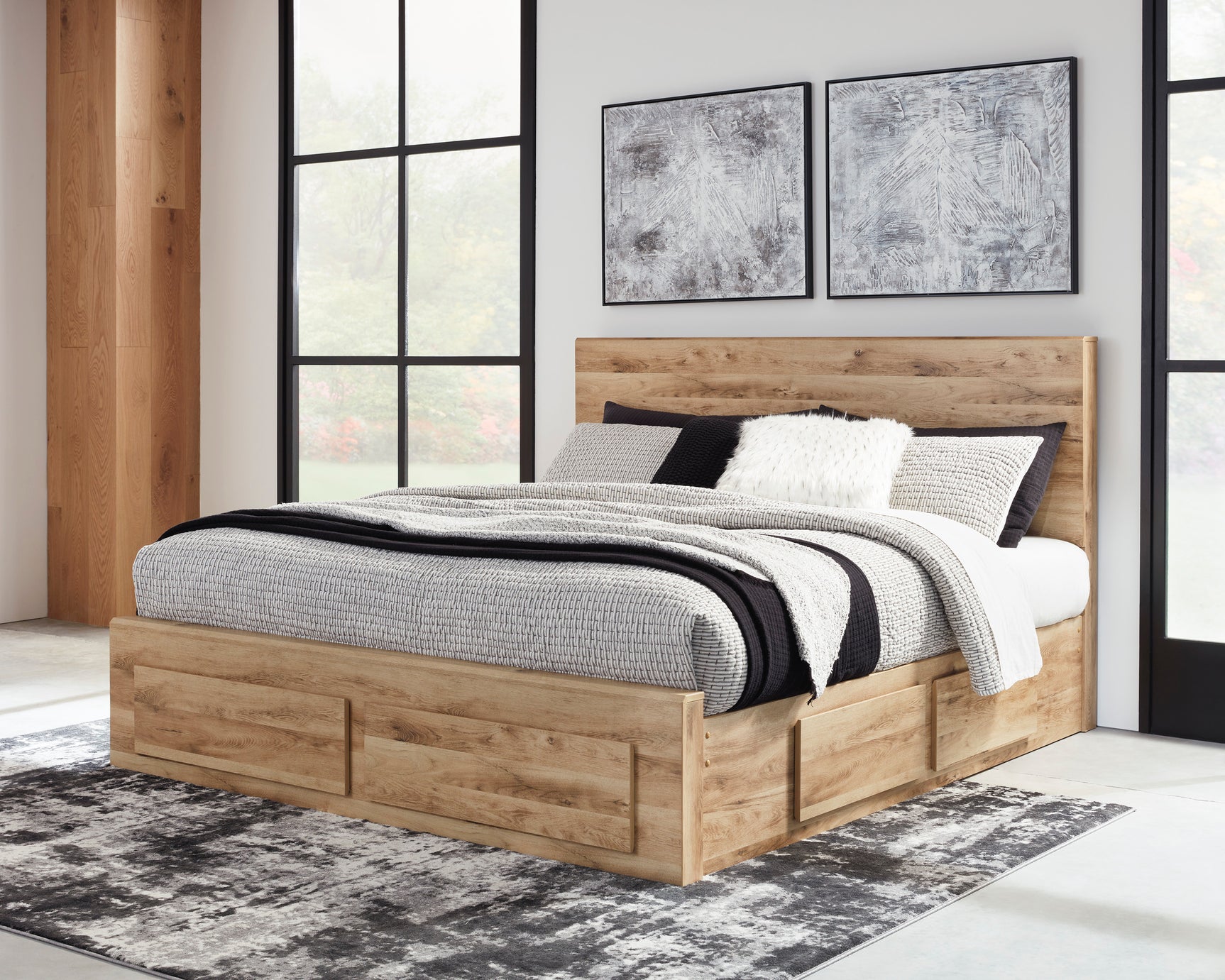 Hyanna Tan Brown Queen Panel Storage Bed w/ Side & Fb Storage, Dresser, Mirror, Chest and 2 Nightstands - Ornate Home