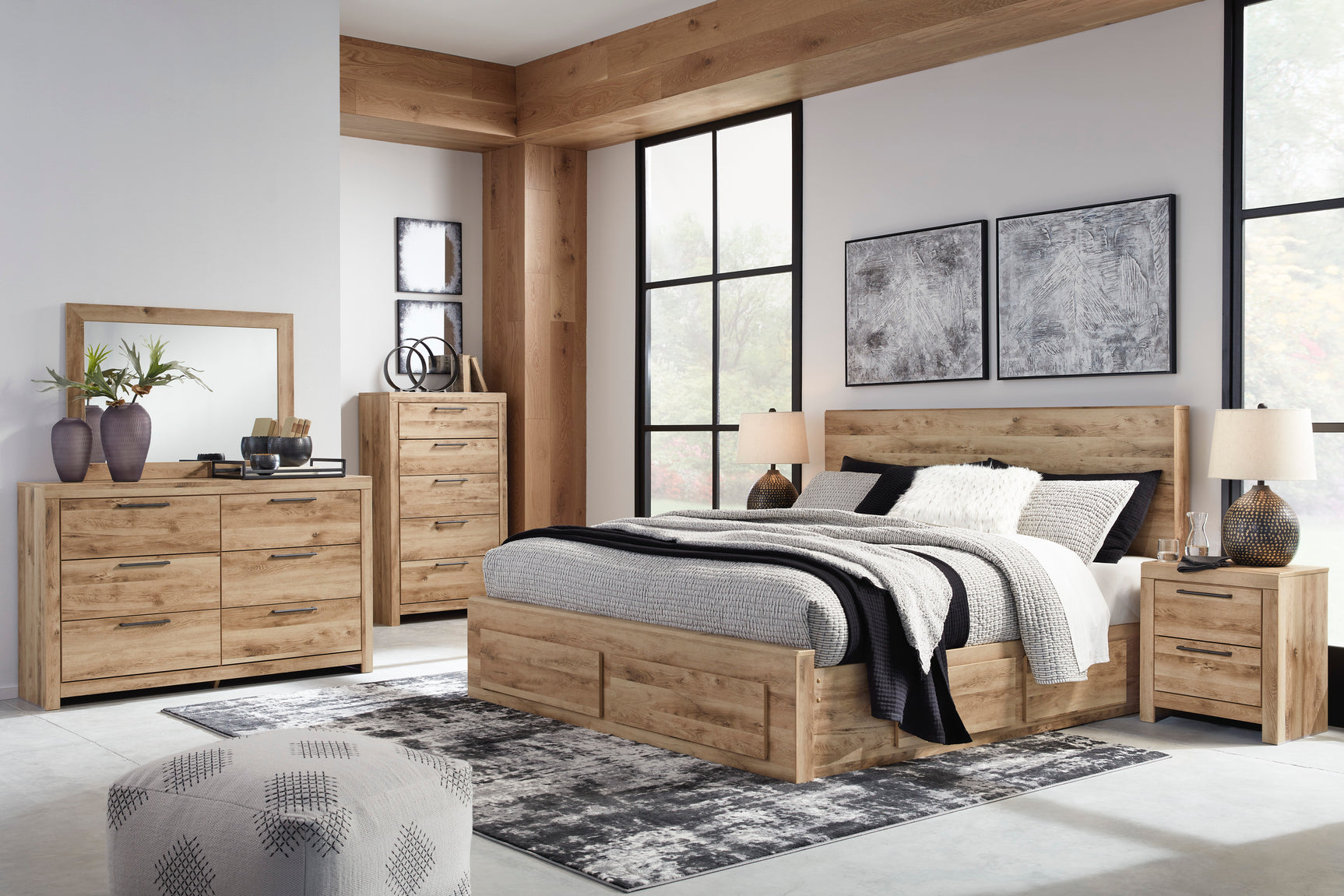 Hyanna Tan Brown Queen Panel Storage Bed w/ Side & Fb Storage, Dresser, Mirror, Chest and 2 Nightstands - Ornate Home