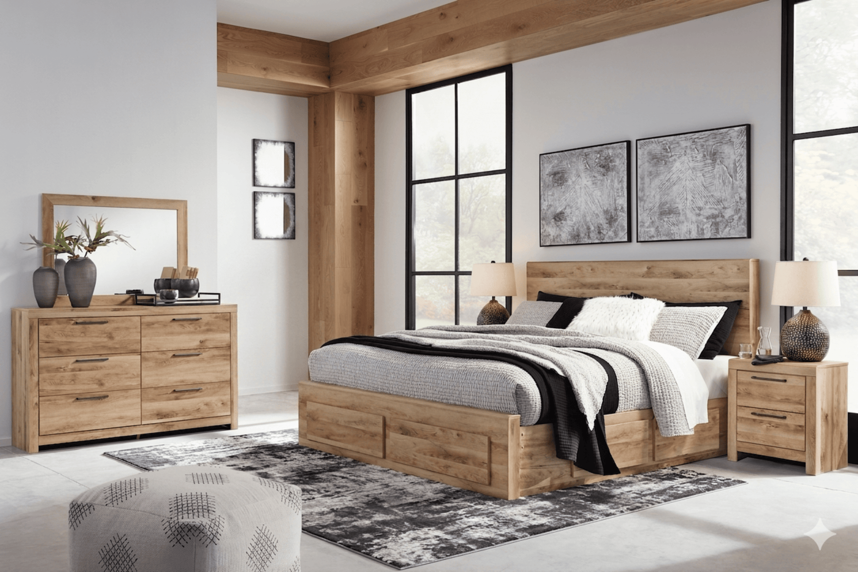 Hyanna Tan Brown Queen Panel Storage Bed w/ Side & Fb Storage, Dresser, Mirror and 2 Nightstands - Ornate Home