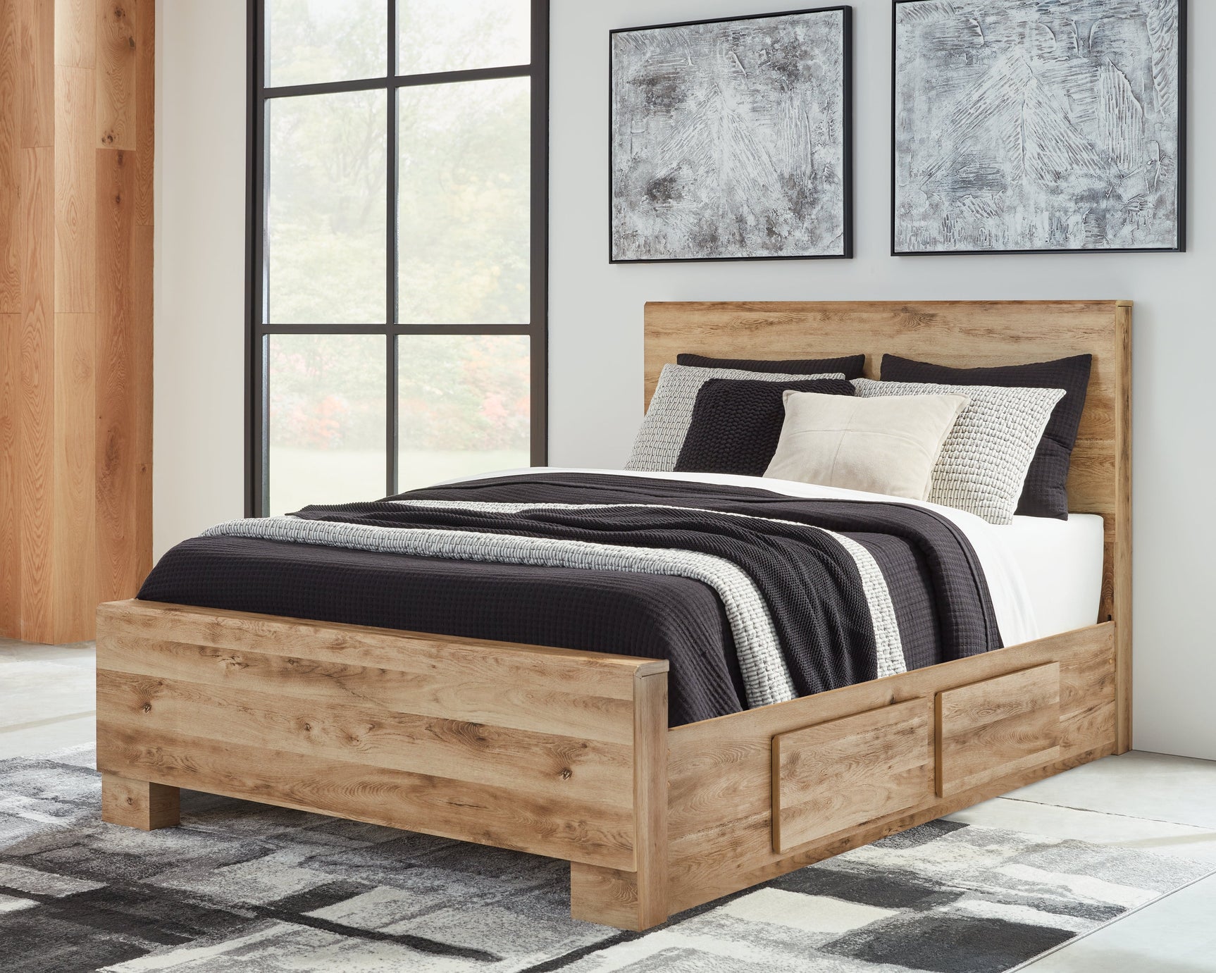 Hyanna Tan Brown Twin Panel Bedroom Set with 2 Side Storage, Dresser and Mirror (Online Special Price) - Ornate Home