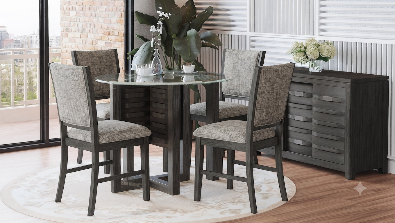 Altamonte Brushed Grey Round Counter Dining Table w/ 4 Uph Stools