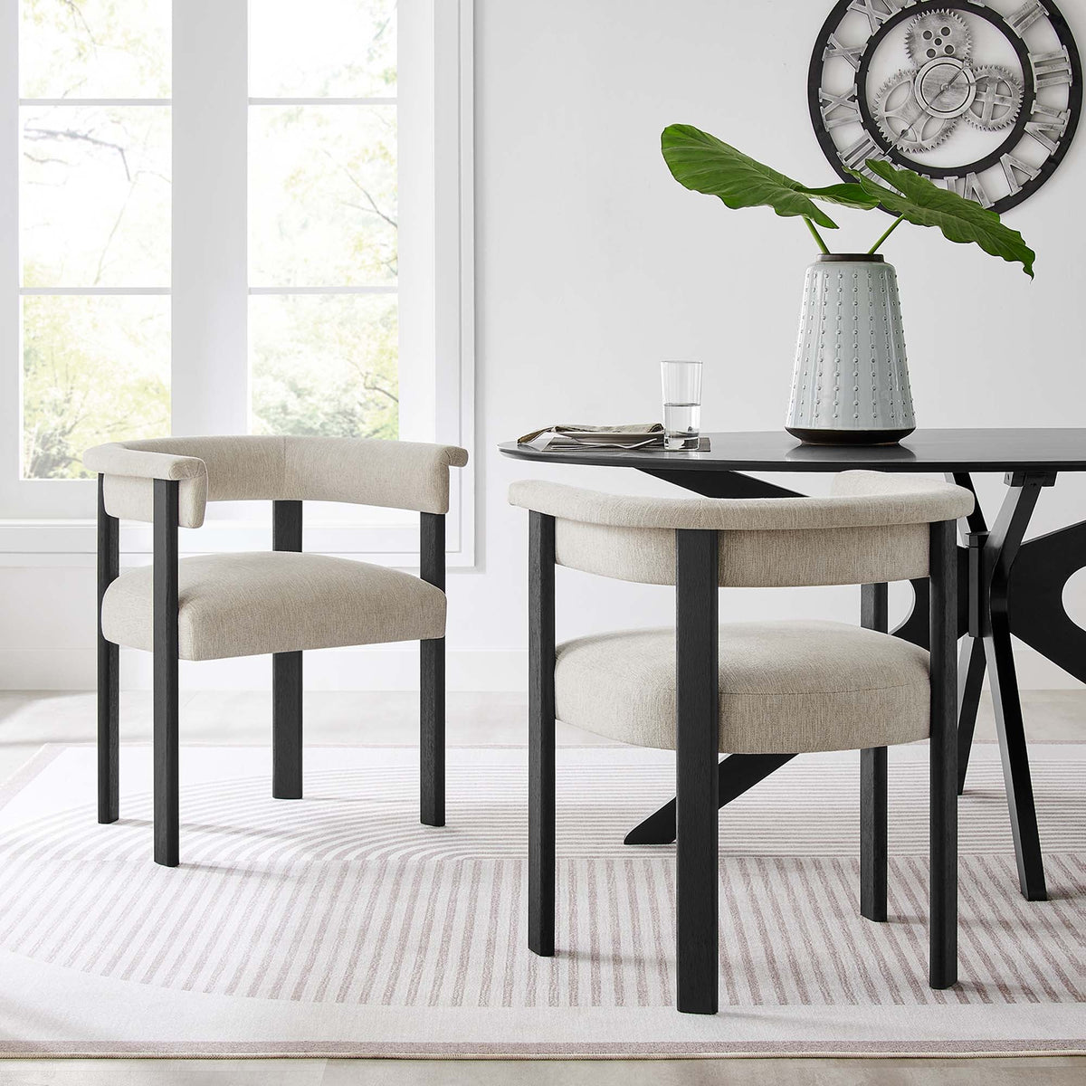 Imogen Heathered Weave Ivory/Black Fabric Upholstered Barrel Dining Chairs (Set of 2) - Ornate Home