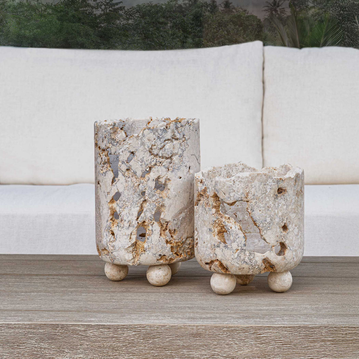 Indoor-Outdoor Quarried Stone Brown/White Candleholders (Set of 2) - Ornate Home