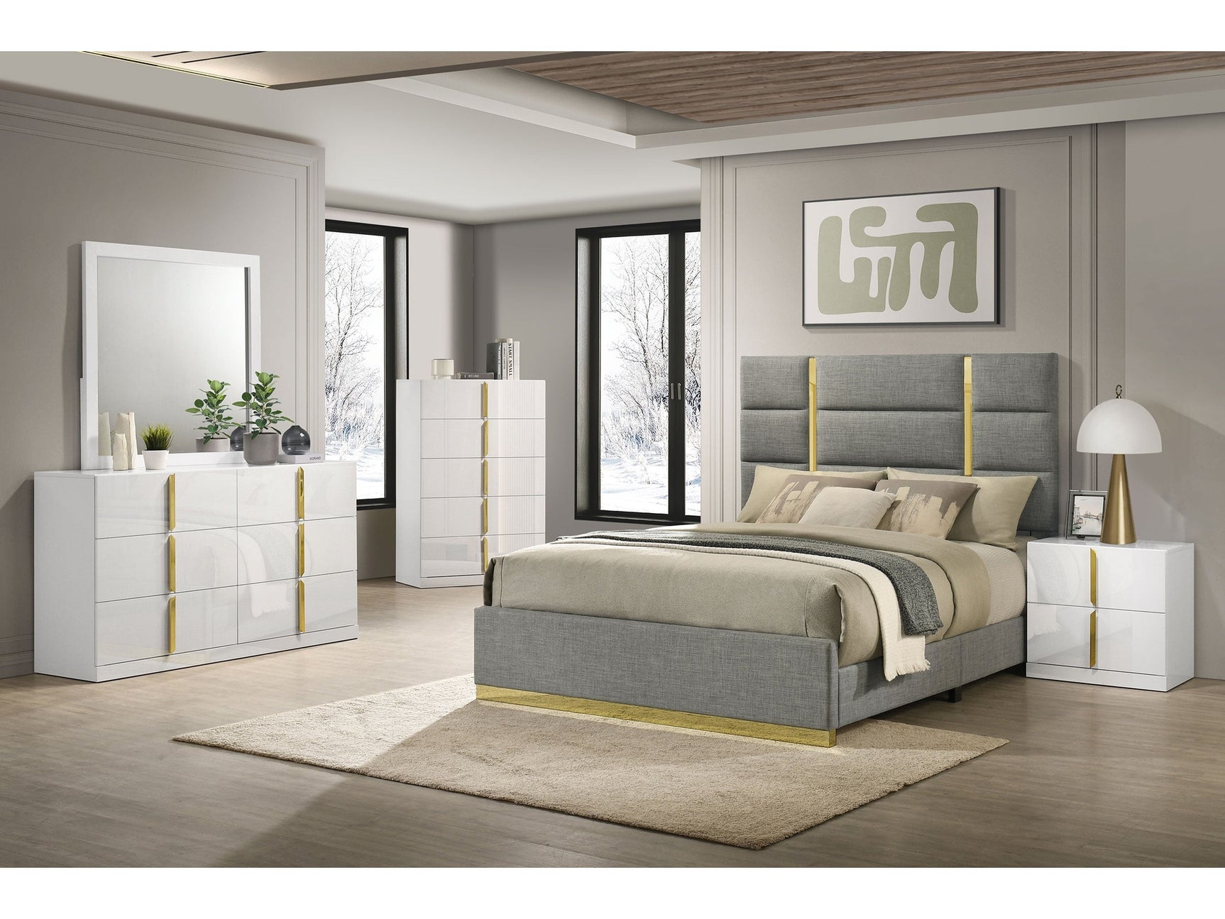 Ines Grey/White High Gloss 5-piece Queen Bedroom Set - Ornate Home