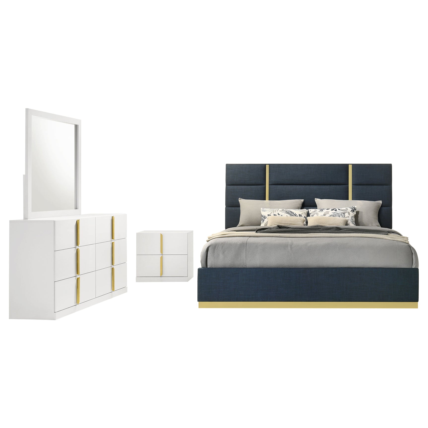 Ines Navy/White High Gloss 4-piece Eastern King Bedroom Set - Ornate Home