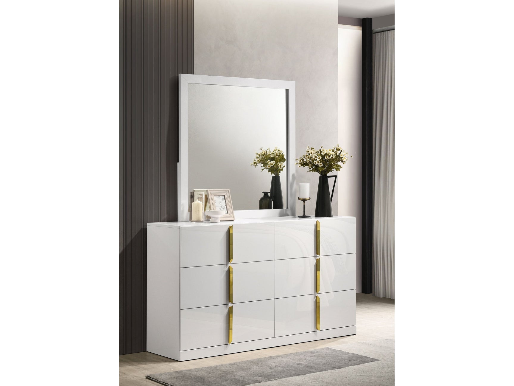 Ines White High Gloss 6-drawer Bedroom Dresser with Mirror - Ornate Home
