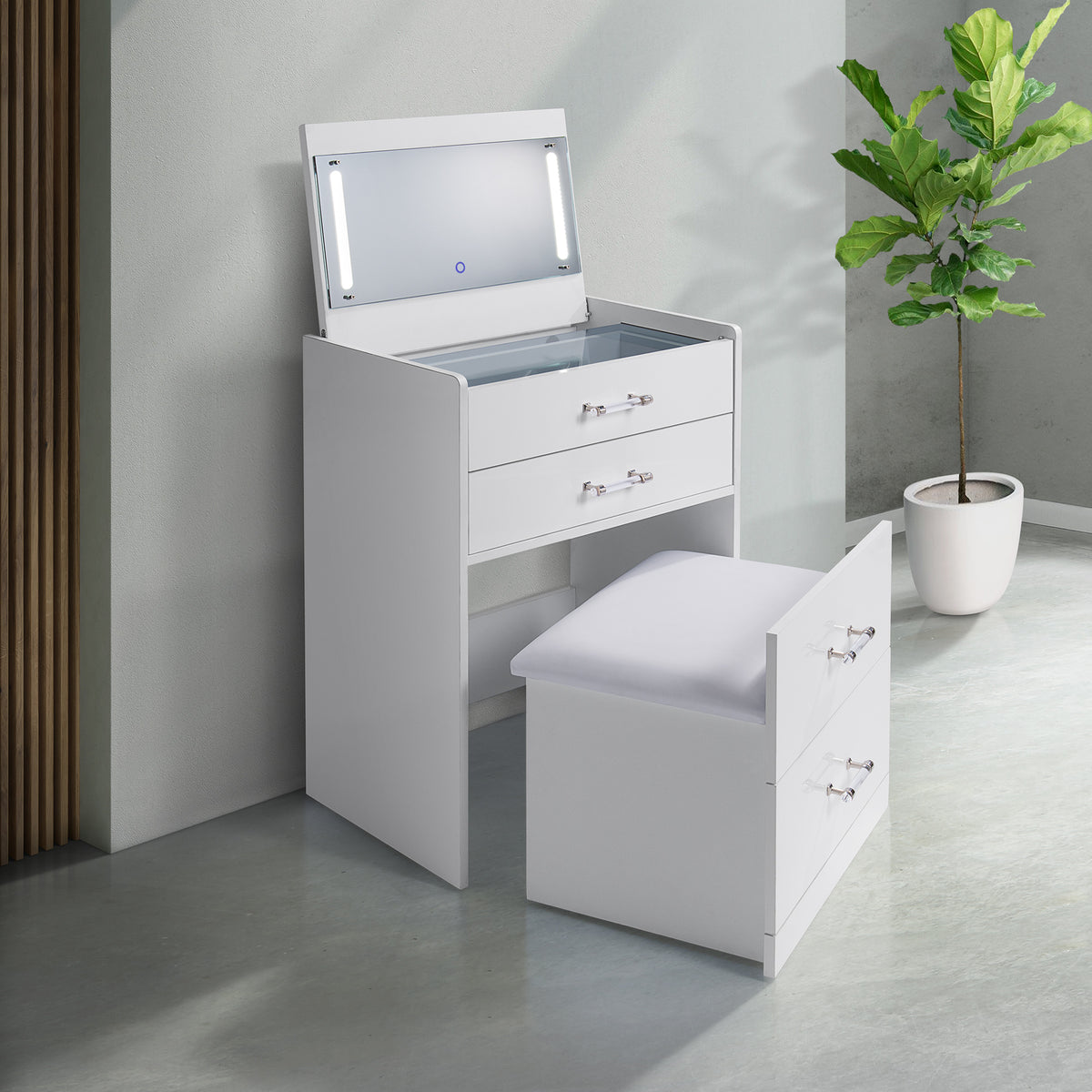 Irvine Glossy White Mini Dressing Table with Stool, LED and USB - Ornate Home