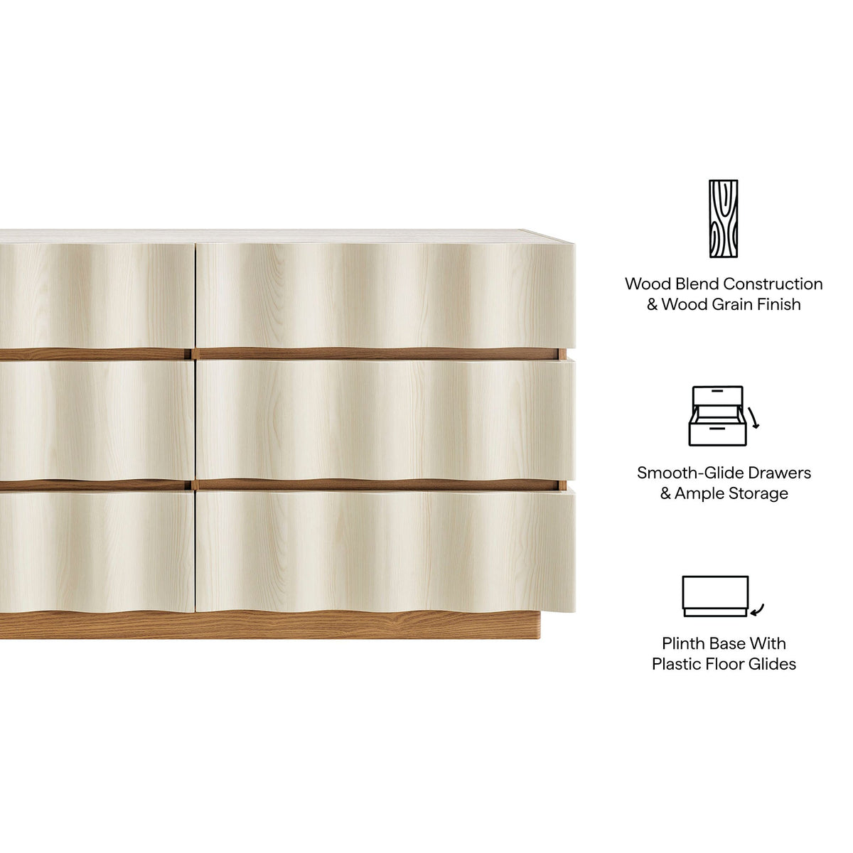 Isola White Light Oak Wavy 6 Drawer Dresser