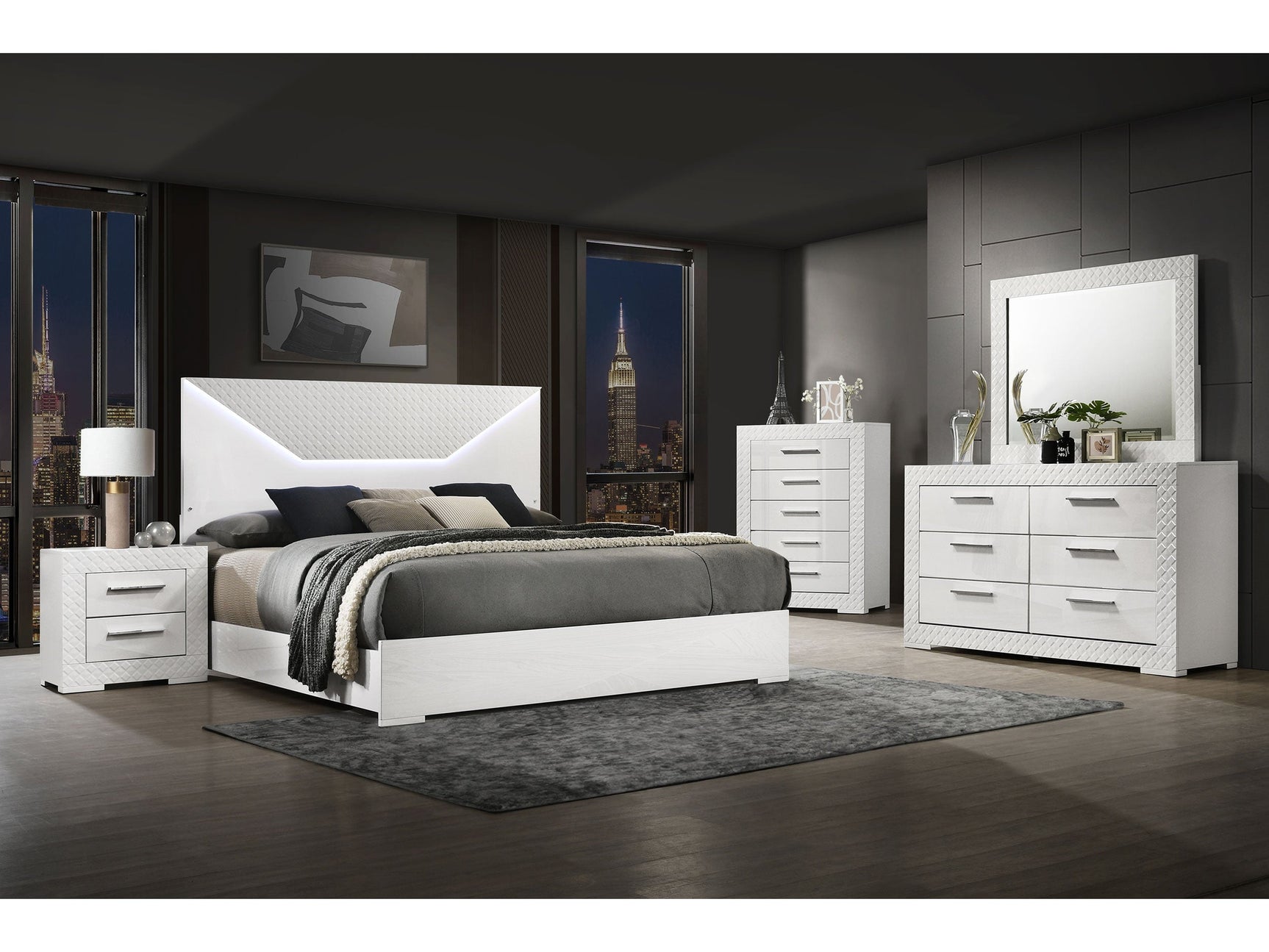 Ives White High Gloss 5-piece Queen Bedroom Set - Ornate Home