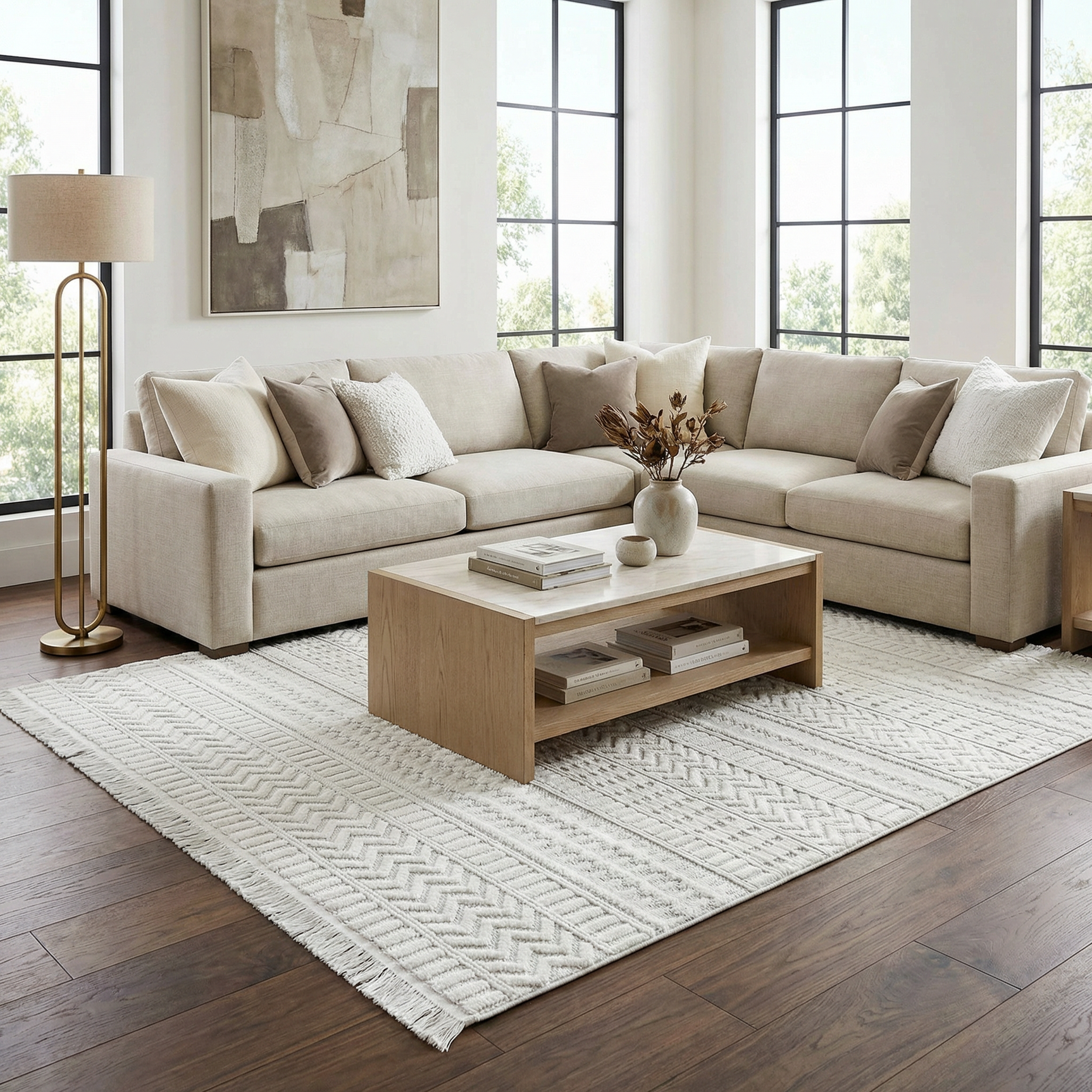 Ivory Cira Textured Trellis Fringe Area Rug - Clearance - Ornate Home
