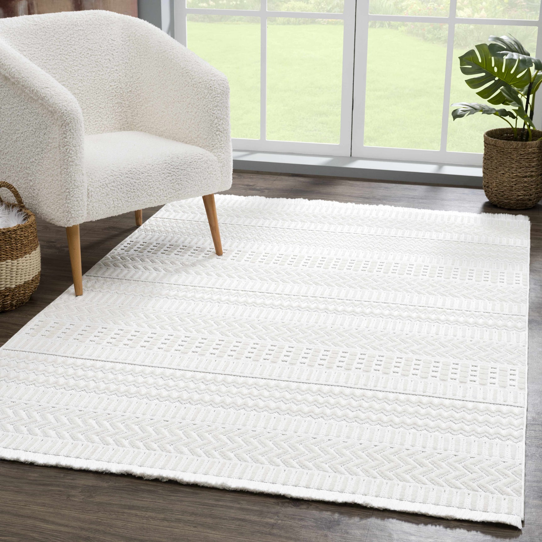 Ivory Cira Textured Trellis Fringe Area Rug - Clearance - Ornate Home