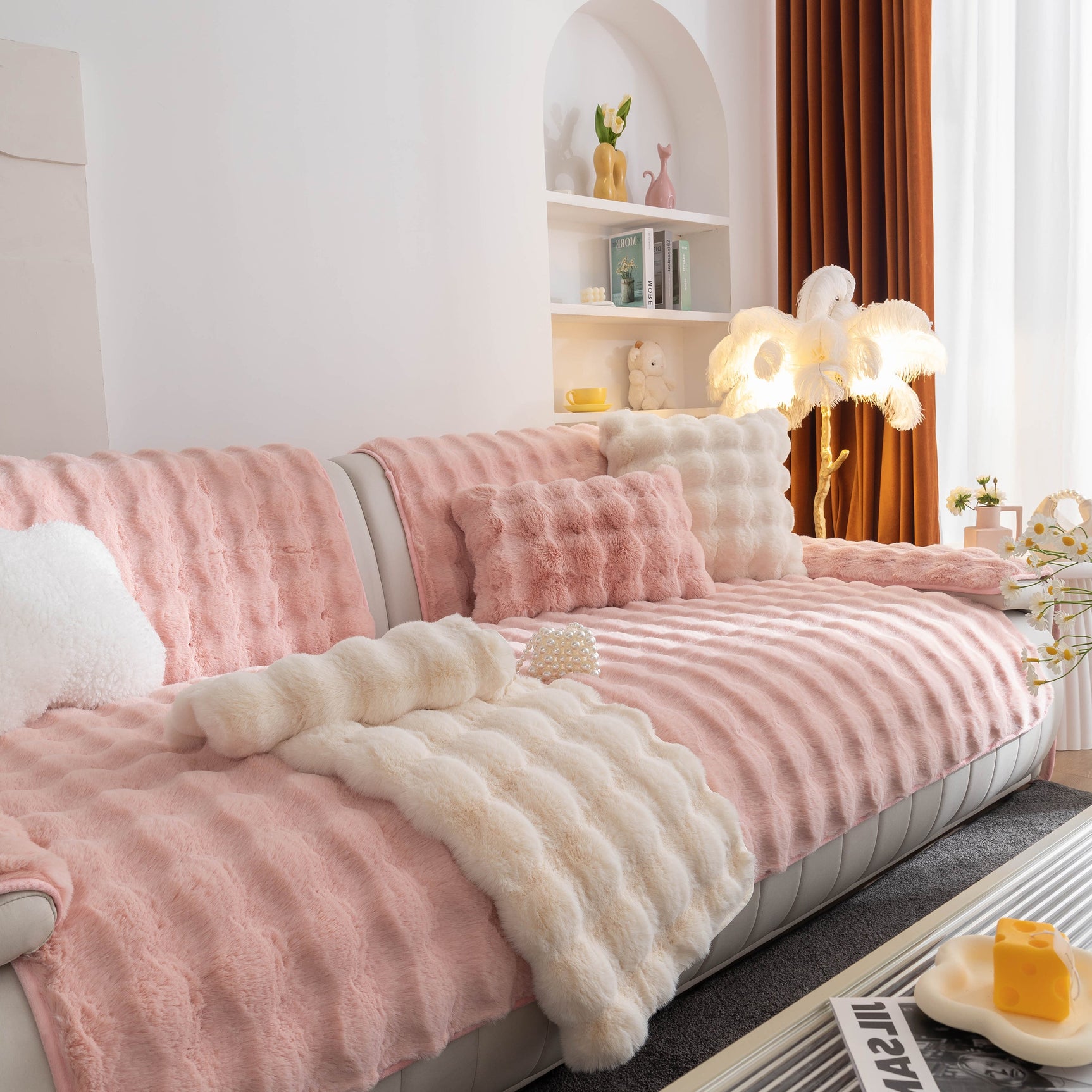 Thick Sofa Cushion Solid Color Faux Fur Fluffy Sofa Cushion Non-Slip Couch Covers