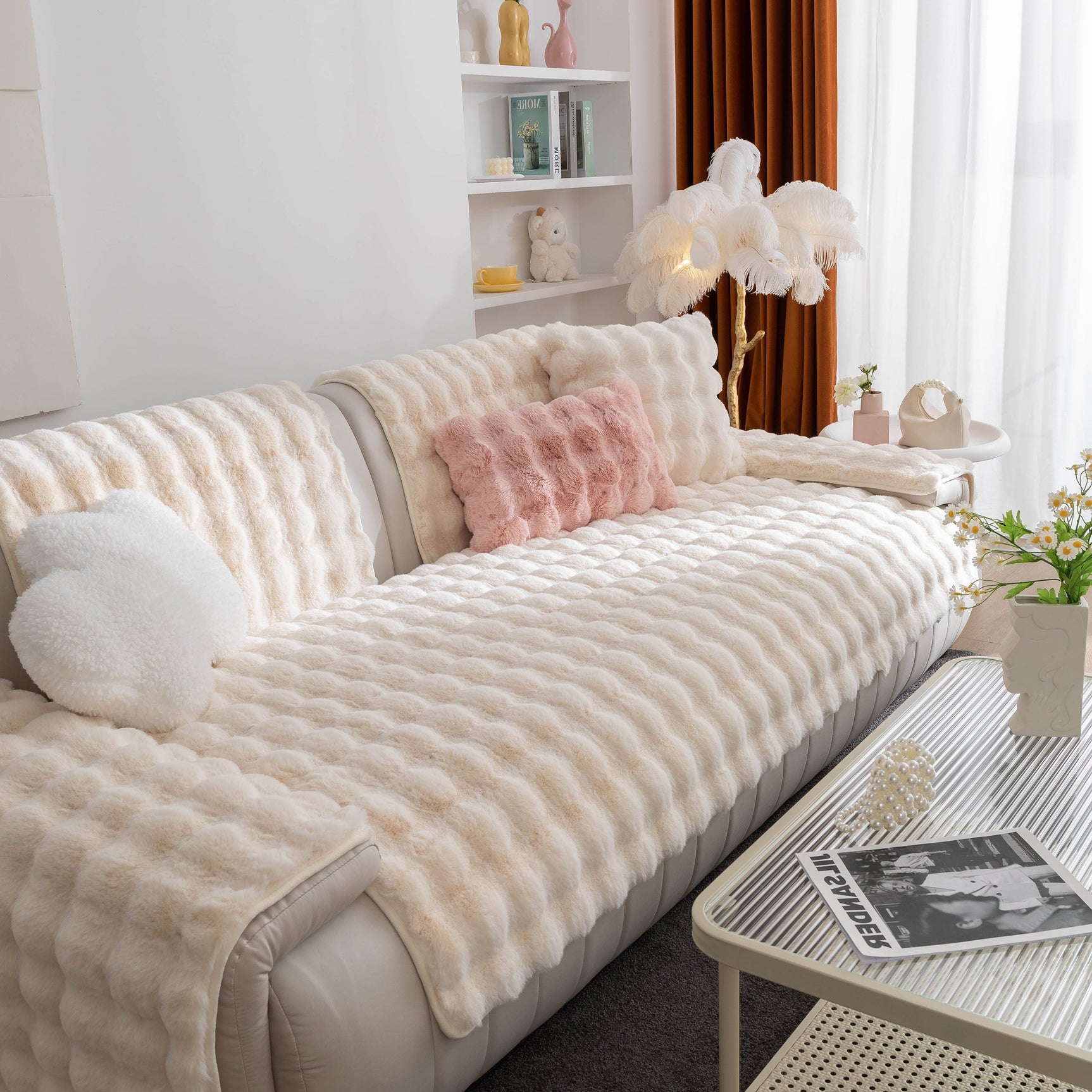 Thick Sofa Cushion Solid Color Faux Fur Fluffy Sofa Cushion Non-Slip Couch Covers