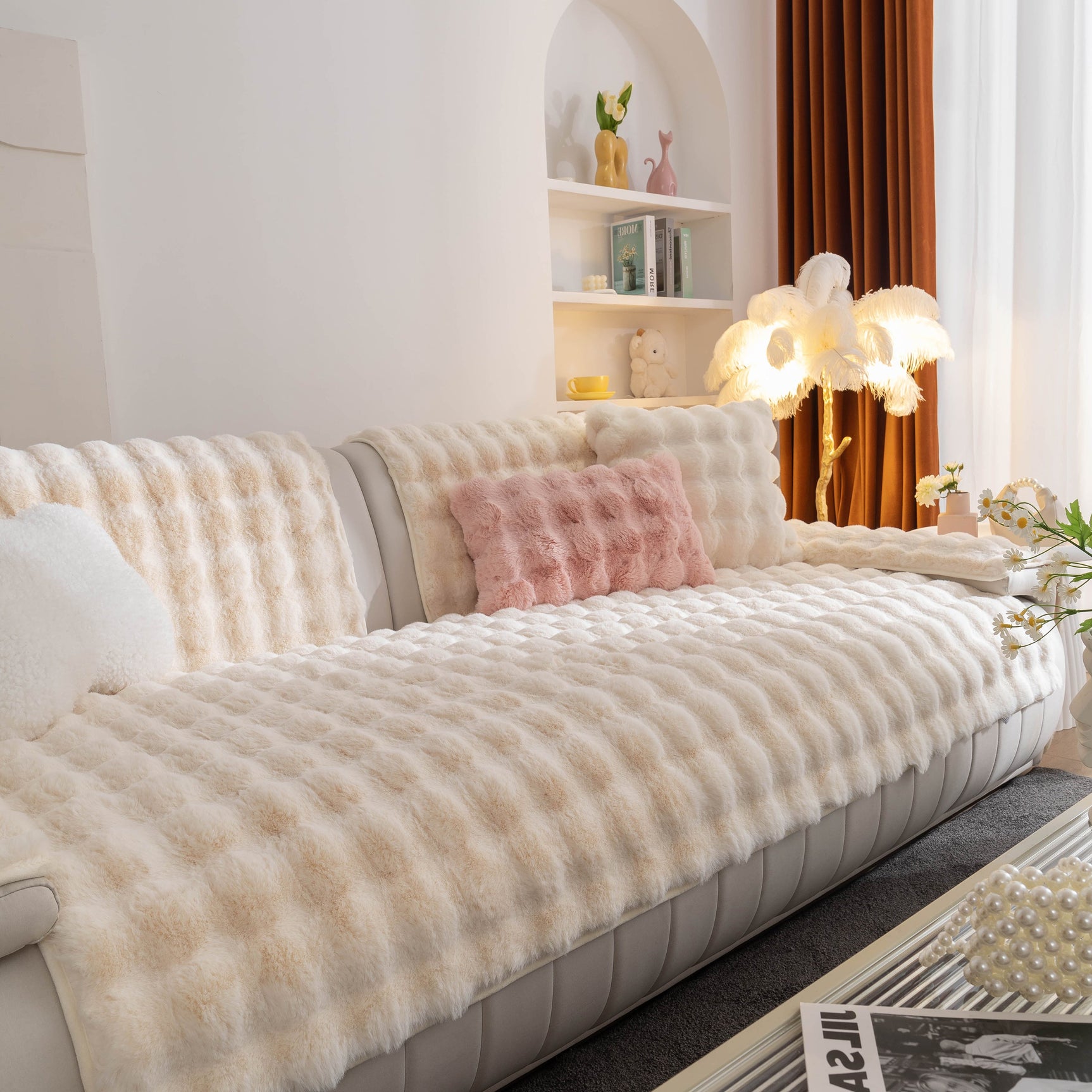 Thick Sofa Cushion Solid Color Faux Fur Fluffy Sofa Cushion Non-Slip Couch Covers