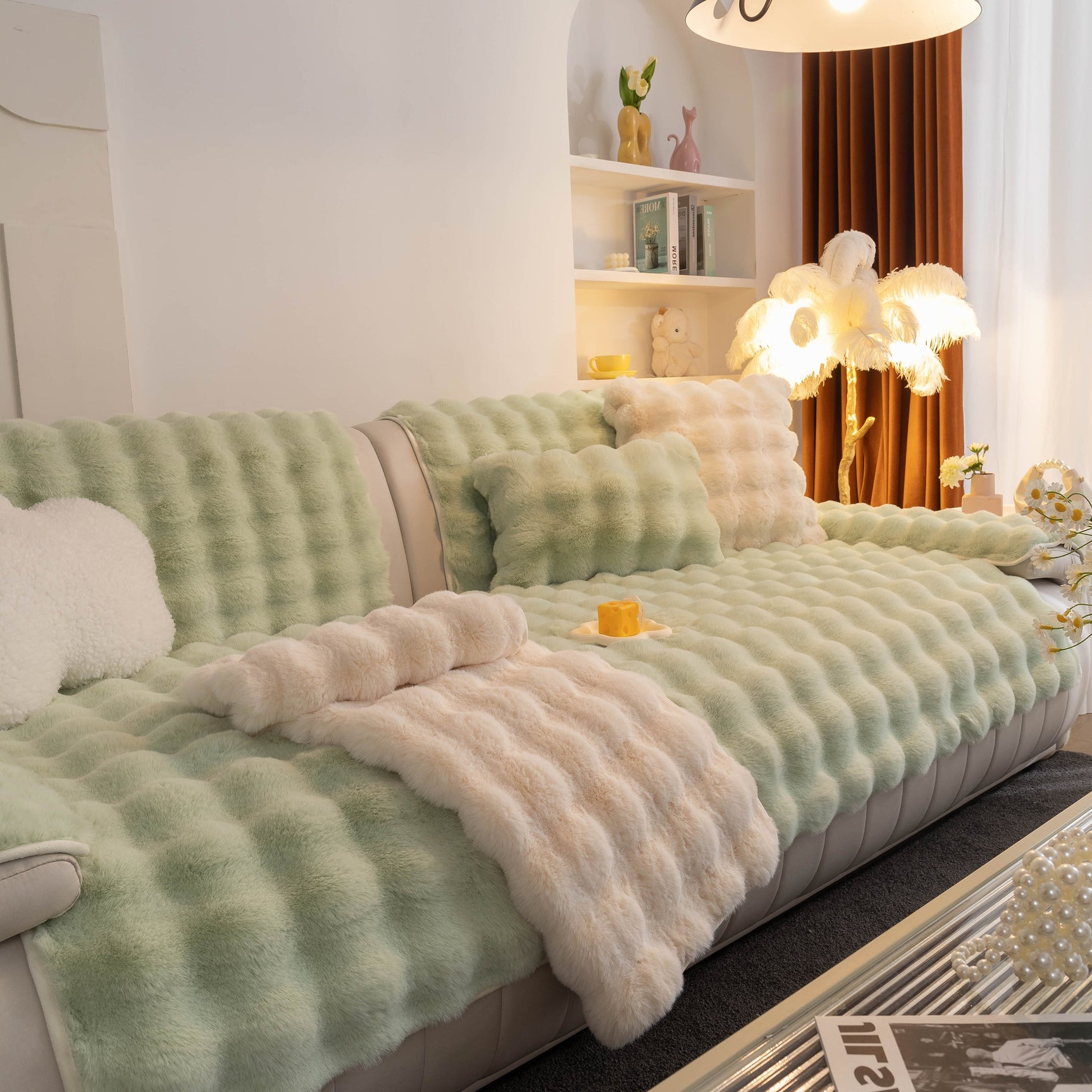 Thick Sofa Cushion Solid Color Faux Fur Fluffy Sofa Cushion Non-Slip Couch Covers