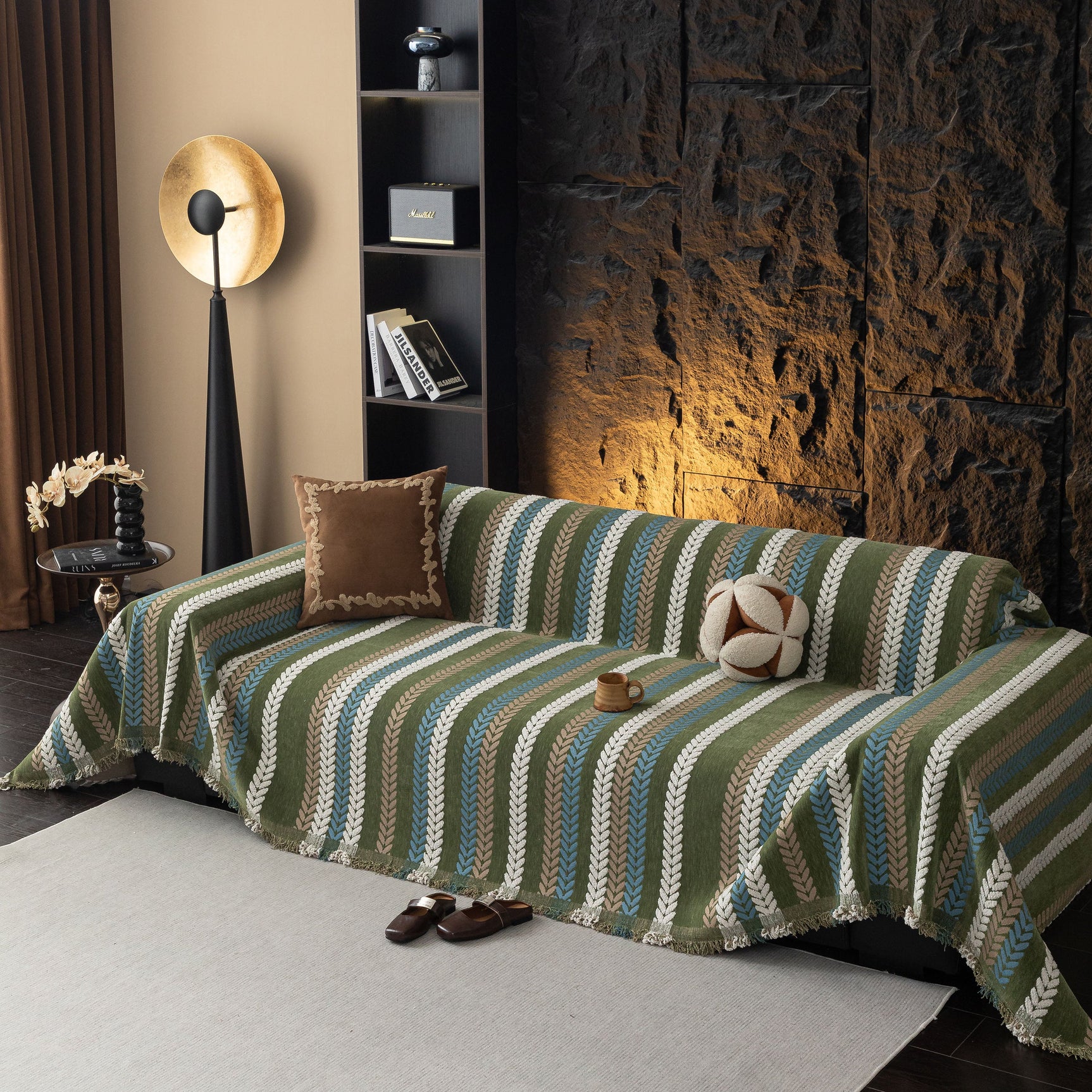 Cozy Decorative Throw Blanket for Couches, Boho Plush Woven Sofa Cover with Stripes