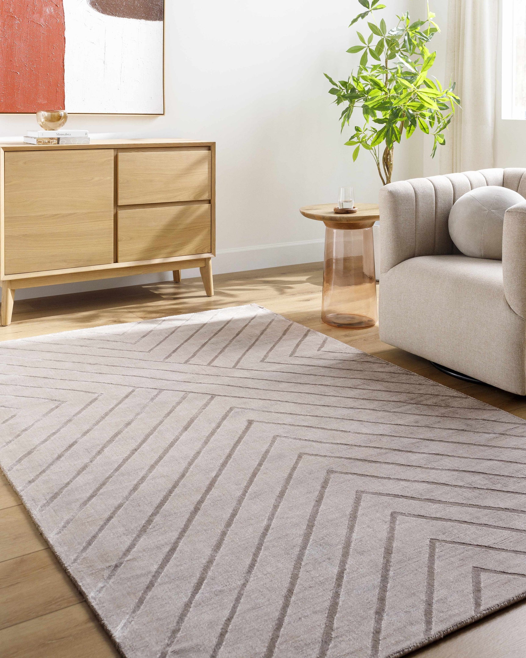 Tavran Taupe Subtle Linear Texture Cottage Farmhouse Viscose Handmade Area Rug - Clearance
