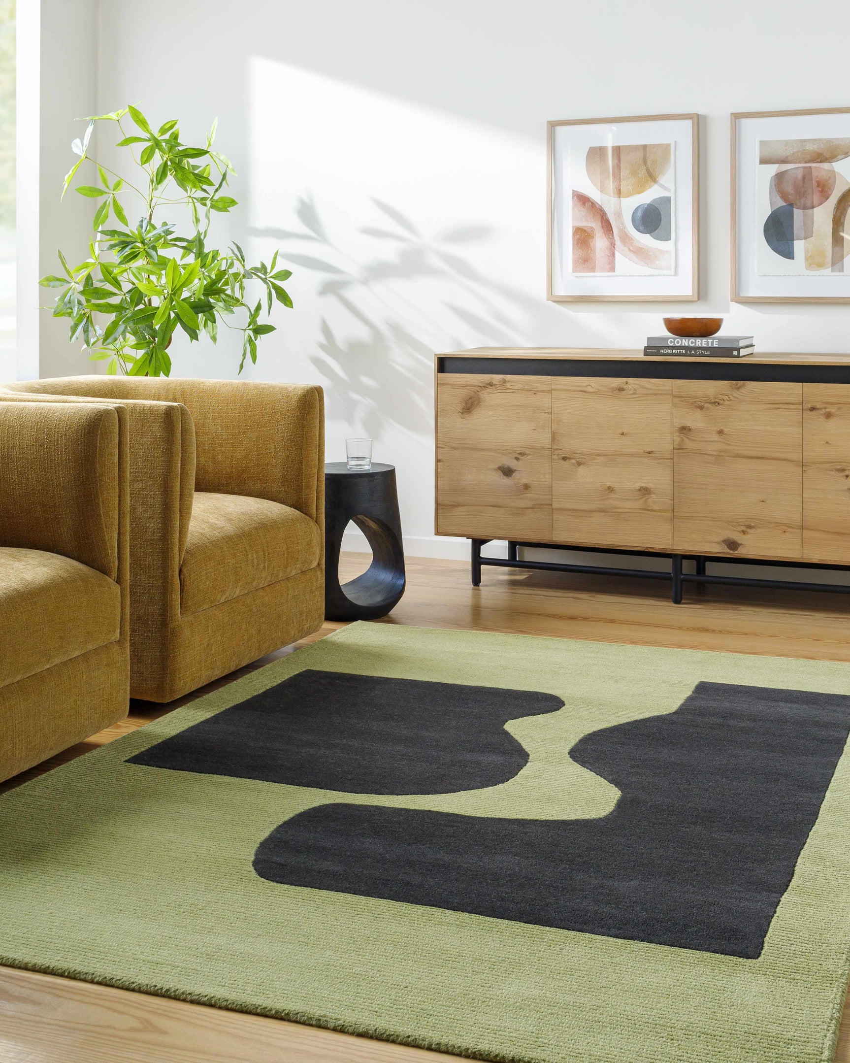 Arvok Olive Green Organic Block Art Deco Wool Handmade Area Rug - Clearance