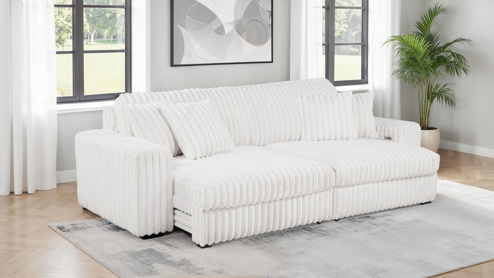 Jacana Ivory Corduroy Upholstered Dual Power Chaise Sofa - Ornate Home