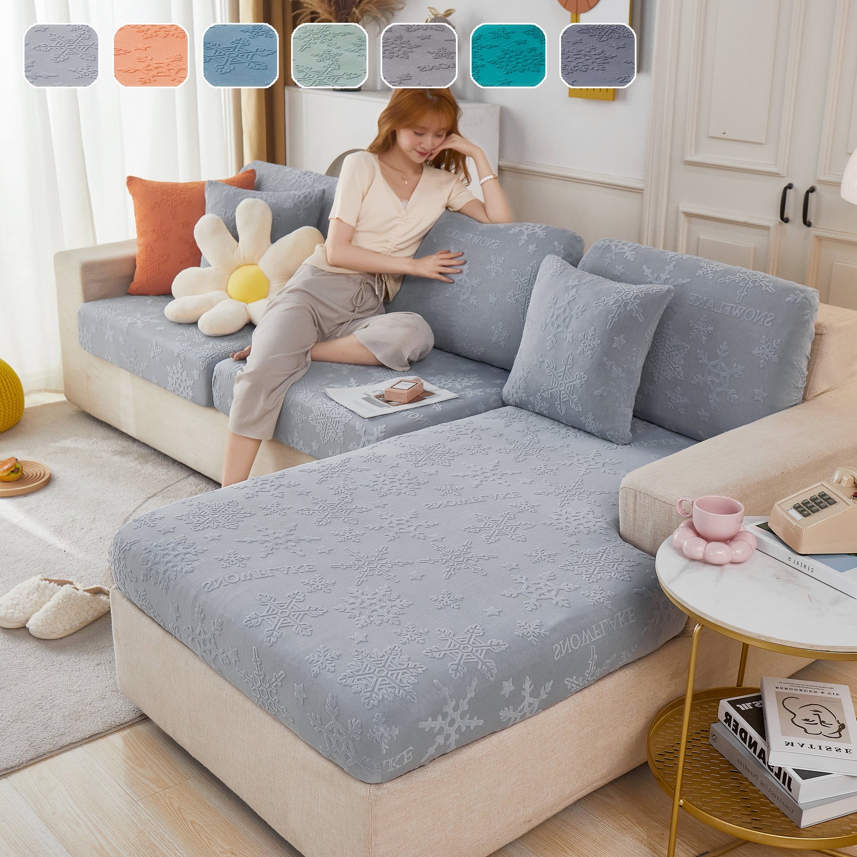 Jacquard Fabric Couch Cushion Covers, Elastic Stretch Sofa Protector for L-Shaped Couches and Pet-Friendly Living Rooms - Ornate Home