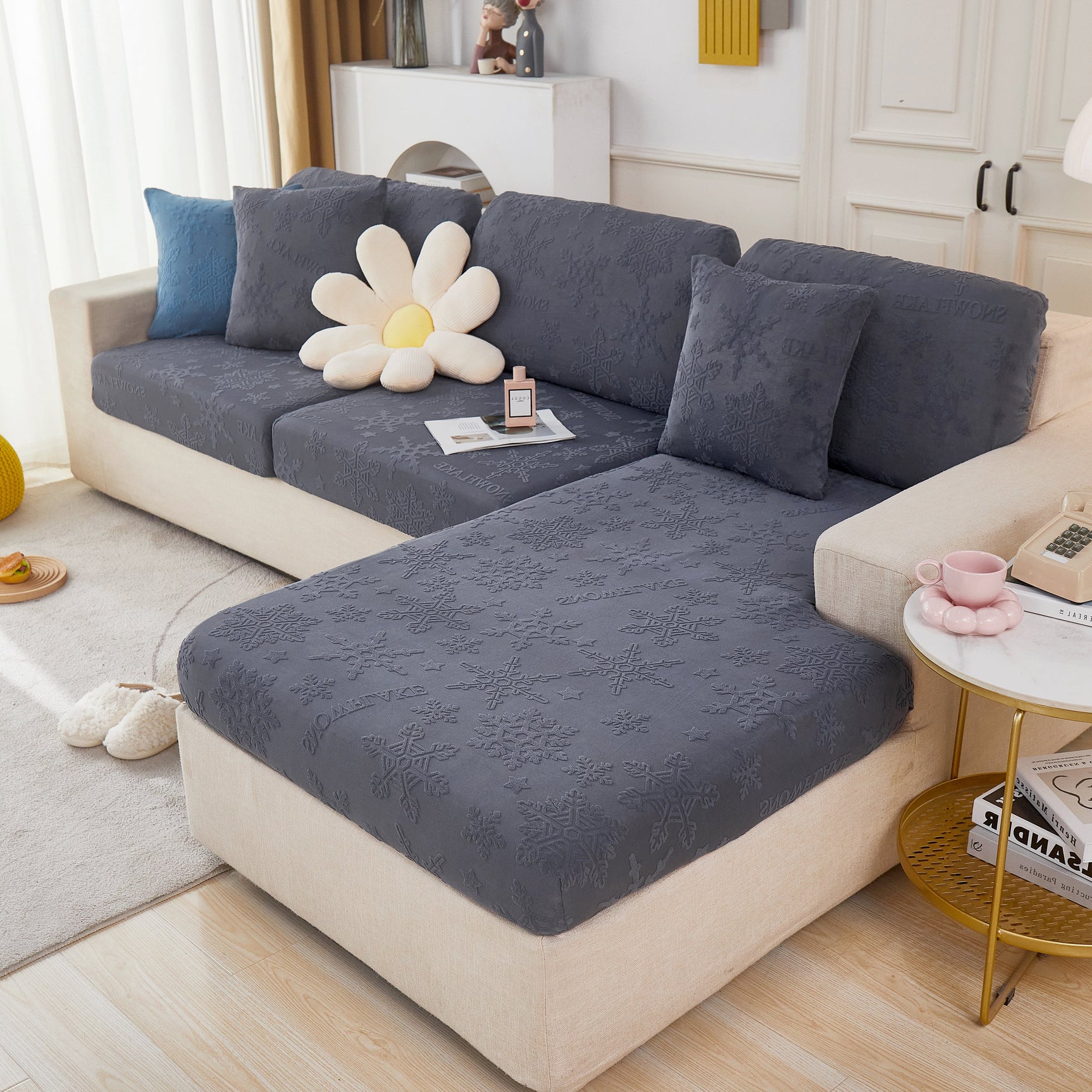 Jacquard Fabric Couch Cushion Covers, Elastic Stretch Sofa Protector for L-Shaped Couches and Pet-Friendly Living Rooms - Ornate Home