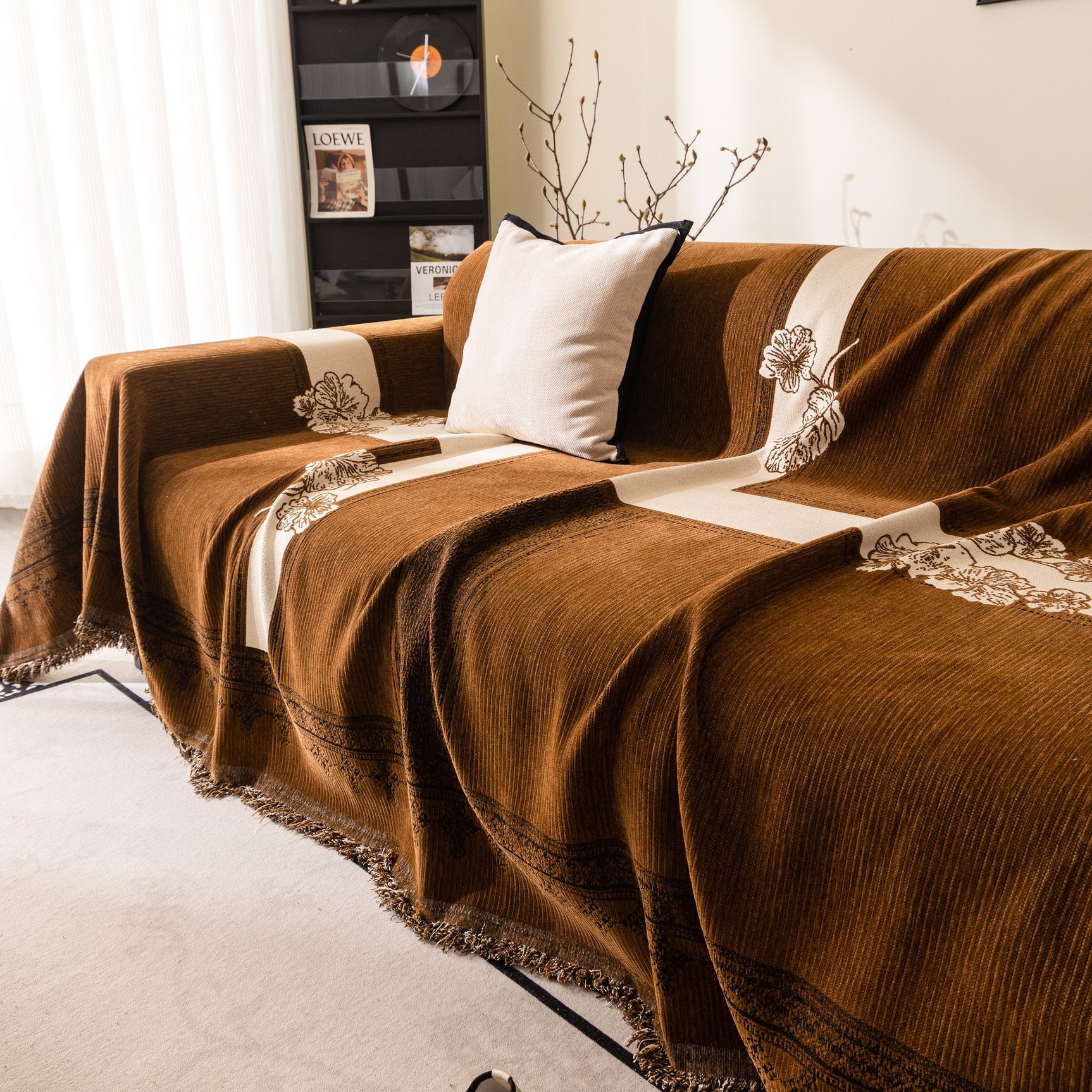 Jacquard Floral Band Sofa Cover with Tassels, Thick Textured Couch Throw Blanket - Ornate Home