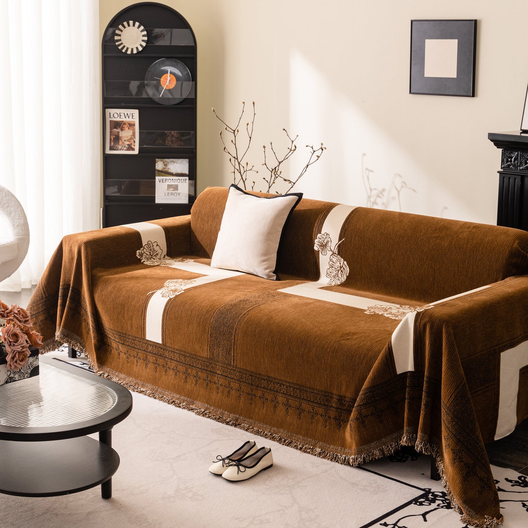Jacquard Floral Band Sofa Cover with Tassels, Thick Textured Couch Throw Blanket - Ornate Home