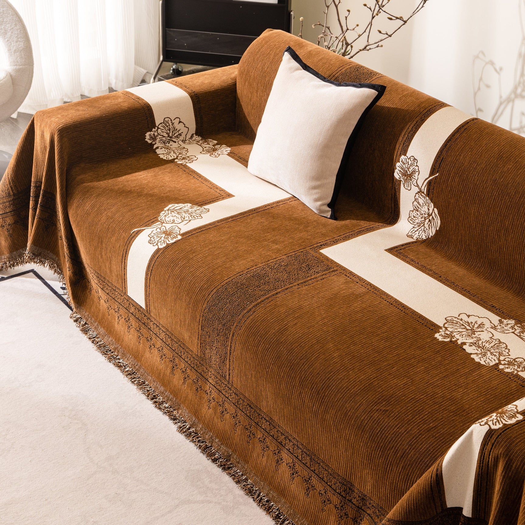 Jacquard Floral Band Sofa Cover with Tassels, Thick Textured Couch Throw Blanket - Ornate Home