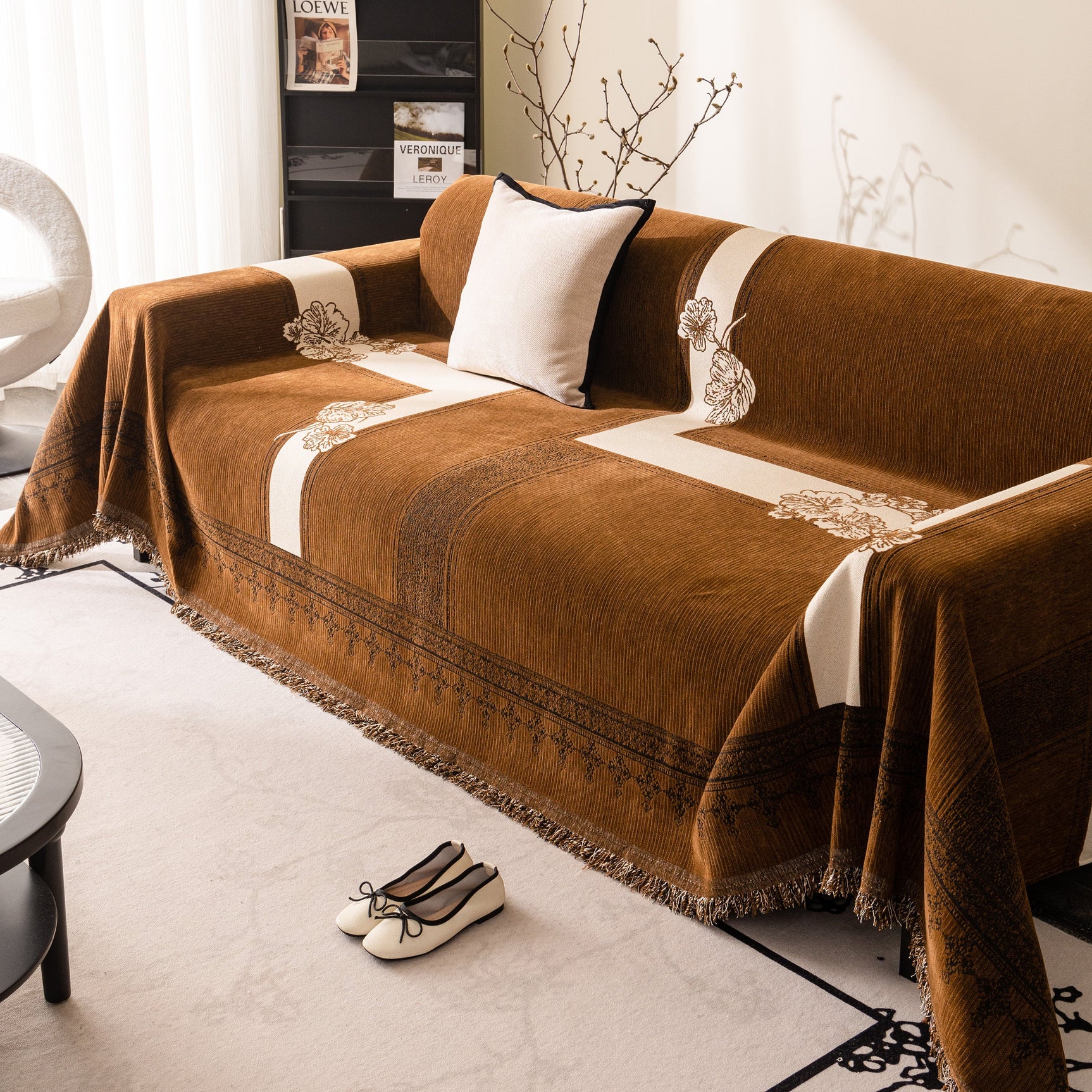 Jacquard Floral Band Sofa Cover with Tassels, Thick Textured Couch Throw Blanket - Ornate Home