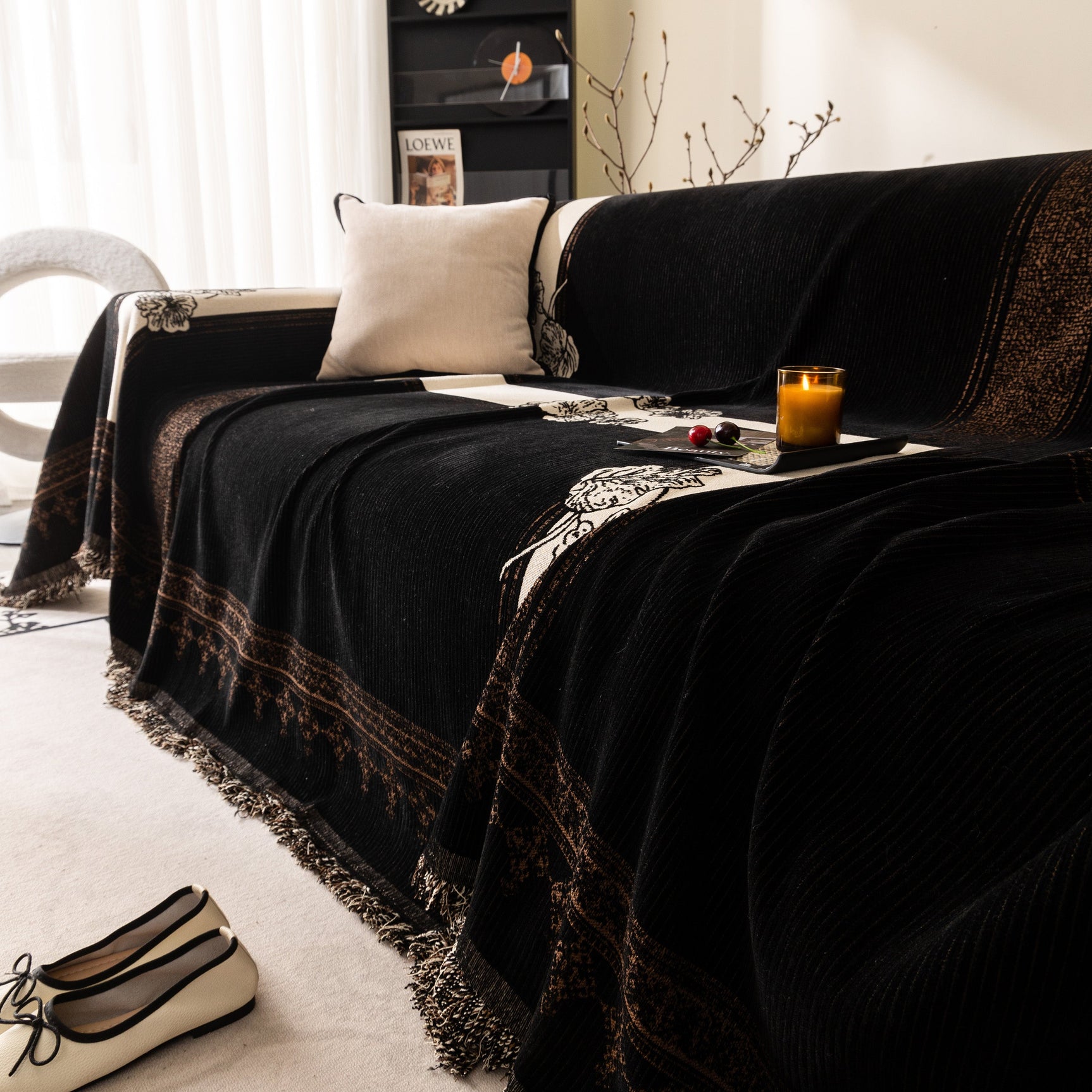 Jacquard Floral Band Sofa Cover with Tassels, Thick Textured Couch Throw Blanket - Ornate Home