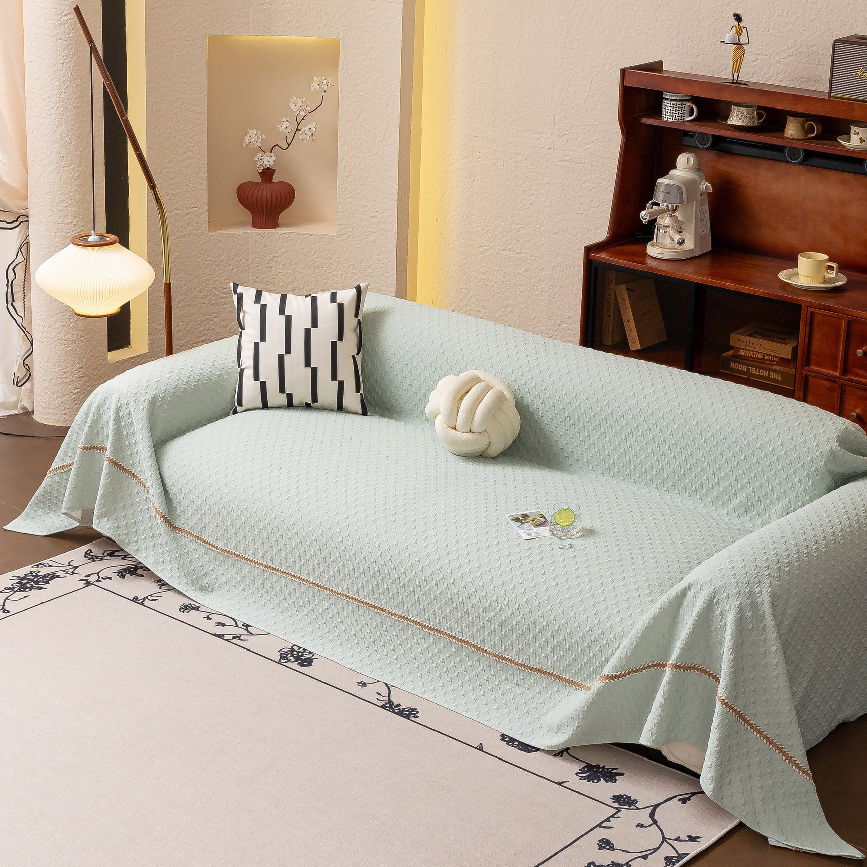 Jacquard Ice Silk Sofa Throw Cover with Gold Trim, Summer Cooling Couch Slipcover - Ornate Home