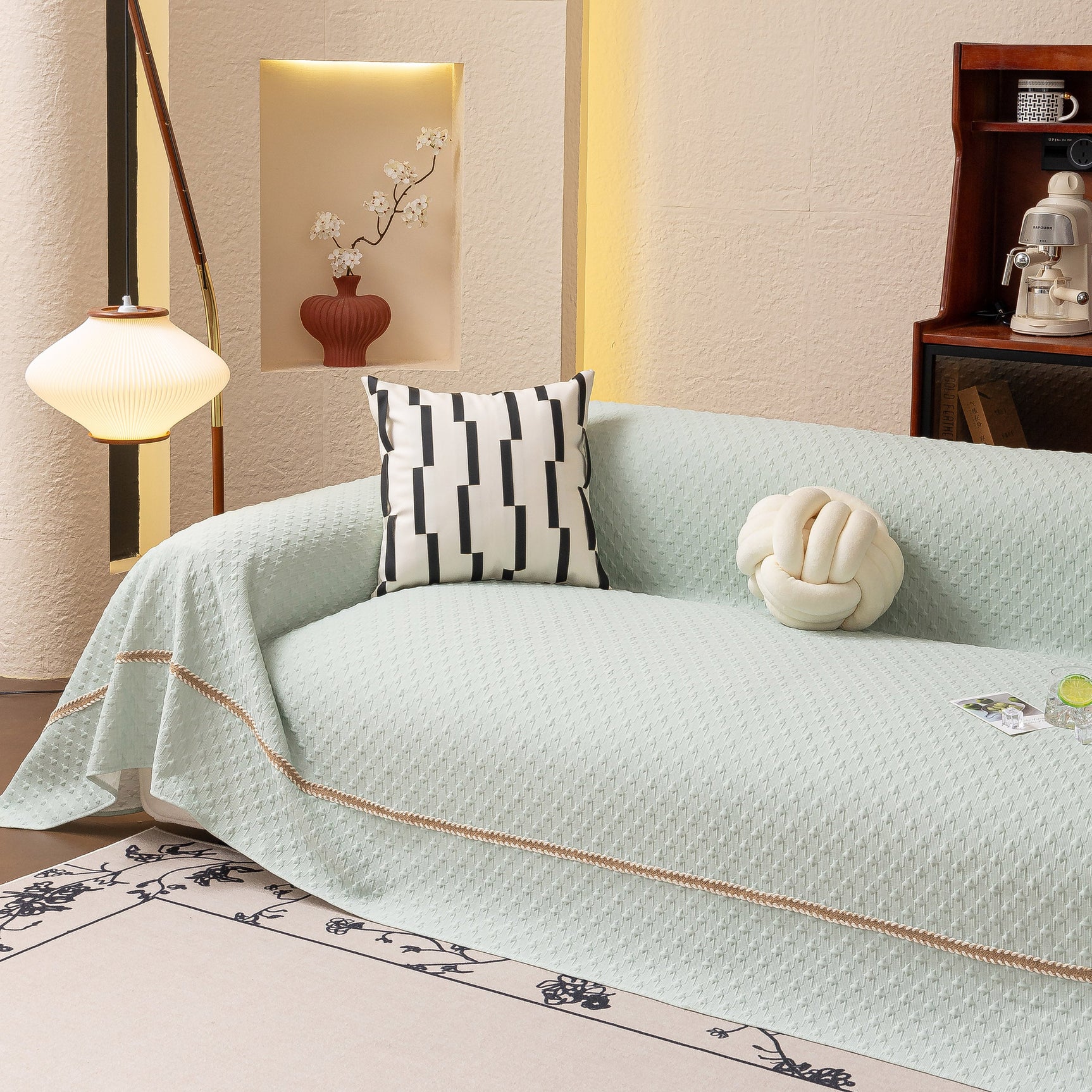Jacquard Ice Silk Sofa Throw Cover with Gold Trim, Summer Cooling Couch Slipcover - Ornate Home