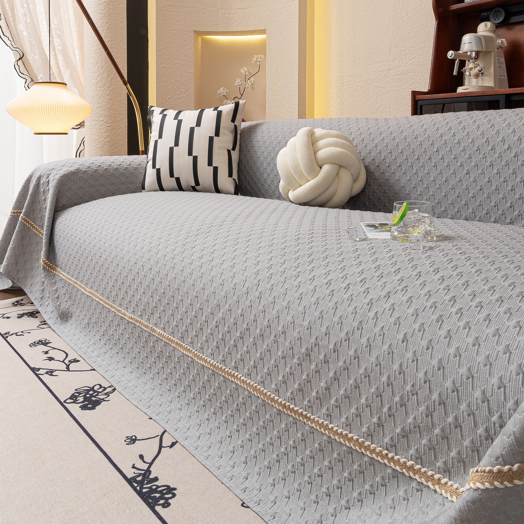 Jacquard Ice Silk Sofa Throw Cover with Gold Trim, Summer Cooling Couch Slipcover - Ornate Home