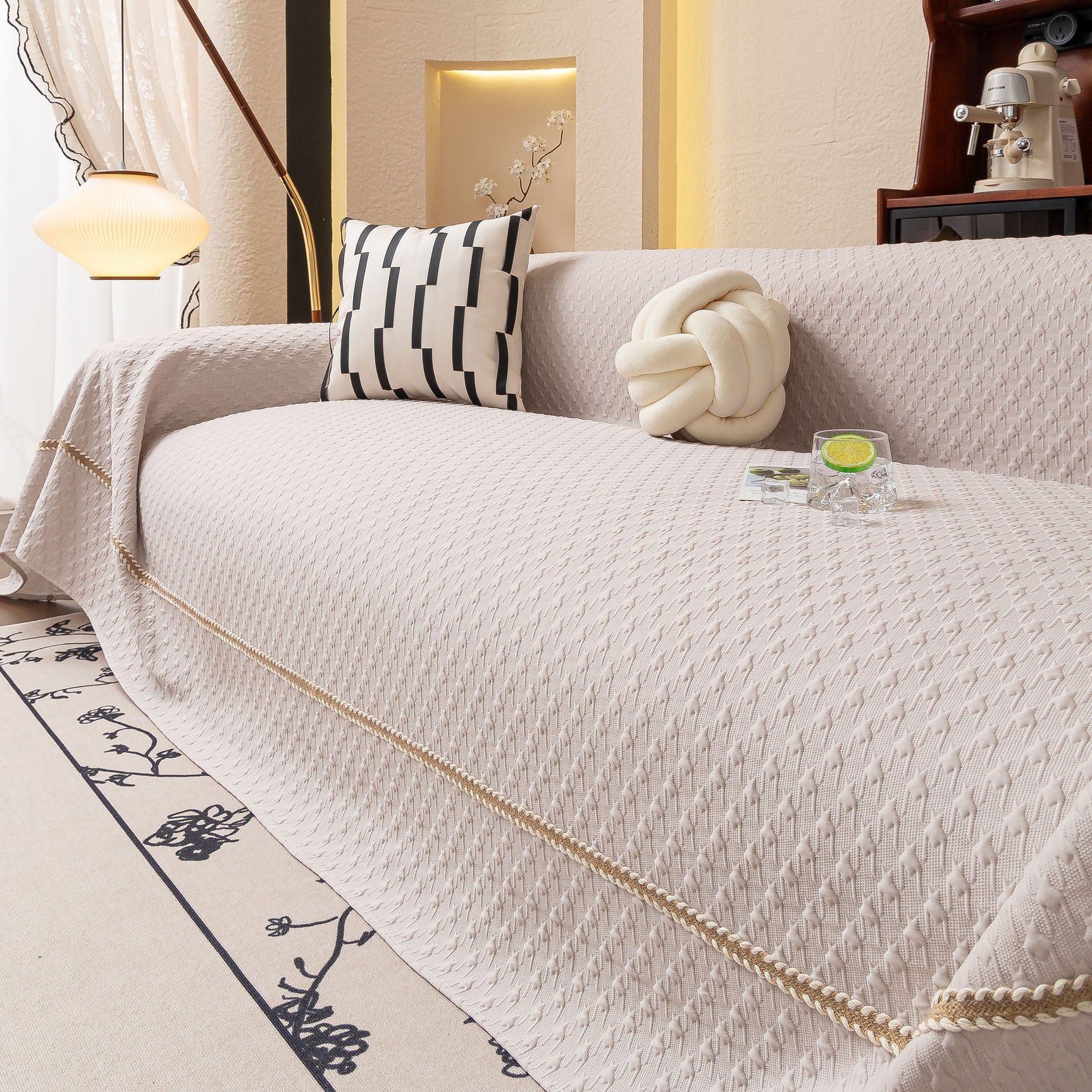 Jacquard Ice Silk Sofa Throw Cover with Gold Trim, Summer Cooling Couch Slipcover - Ornate Home